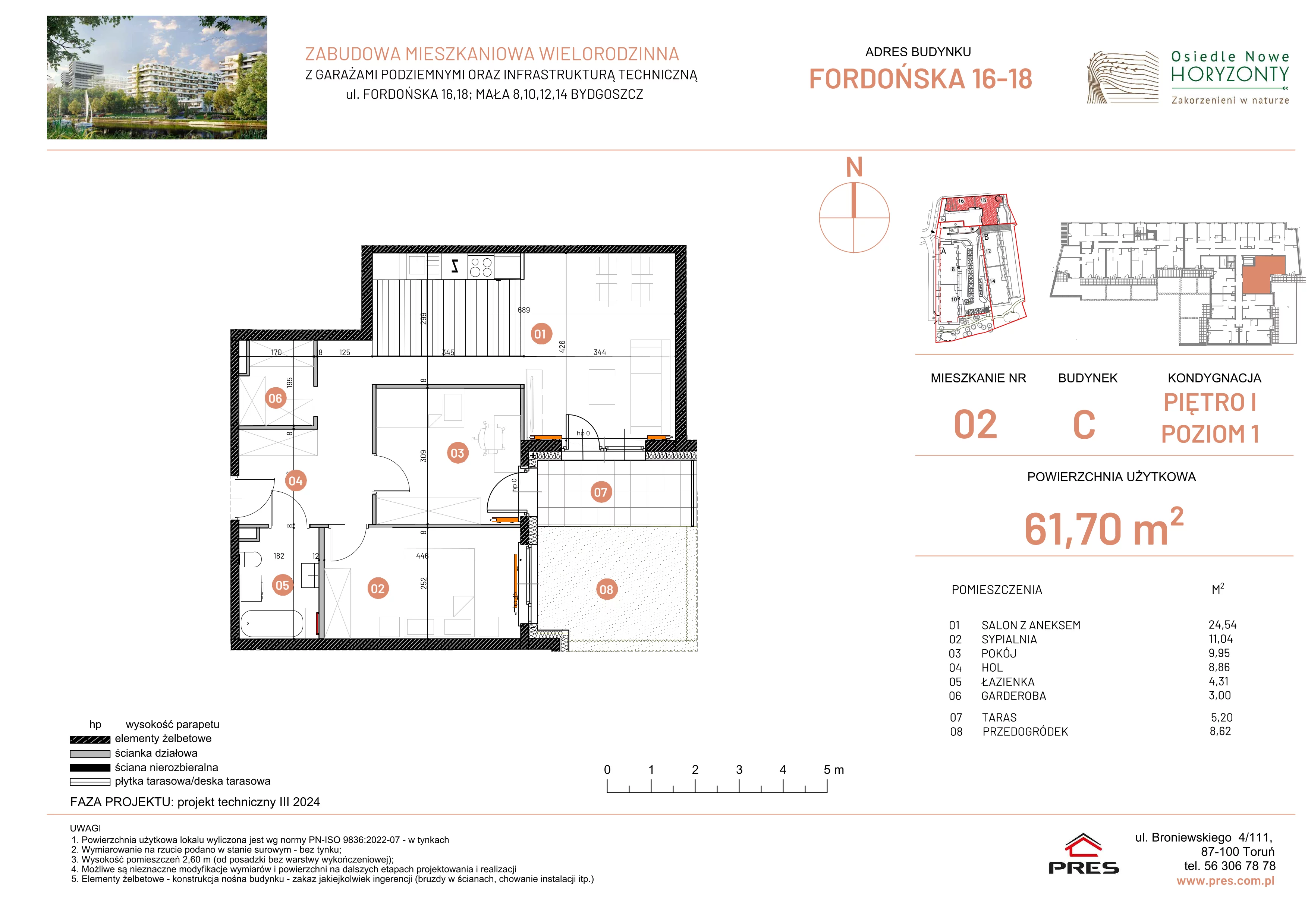 3 pokoje, mieszkanie 61,70 m², piętro 1, oferta nr ONH-C-KLF18-LM2, Osiedle Nowe Horyzonty - etap II, Bydgoszcz, Bartodzieje, ul. Fordońska 16-18