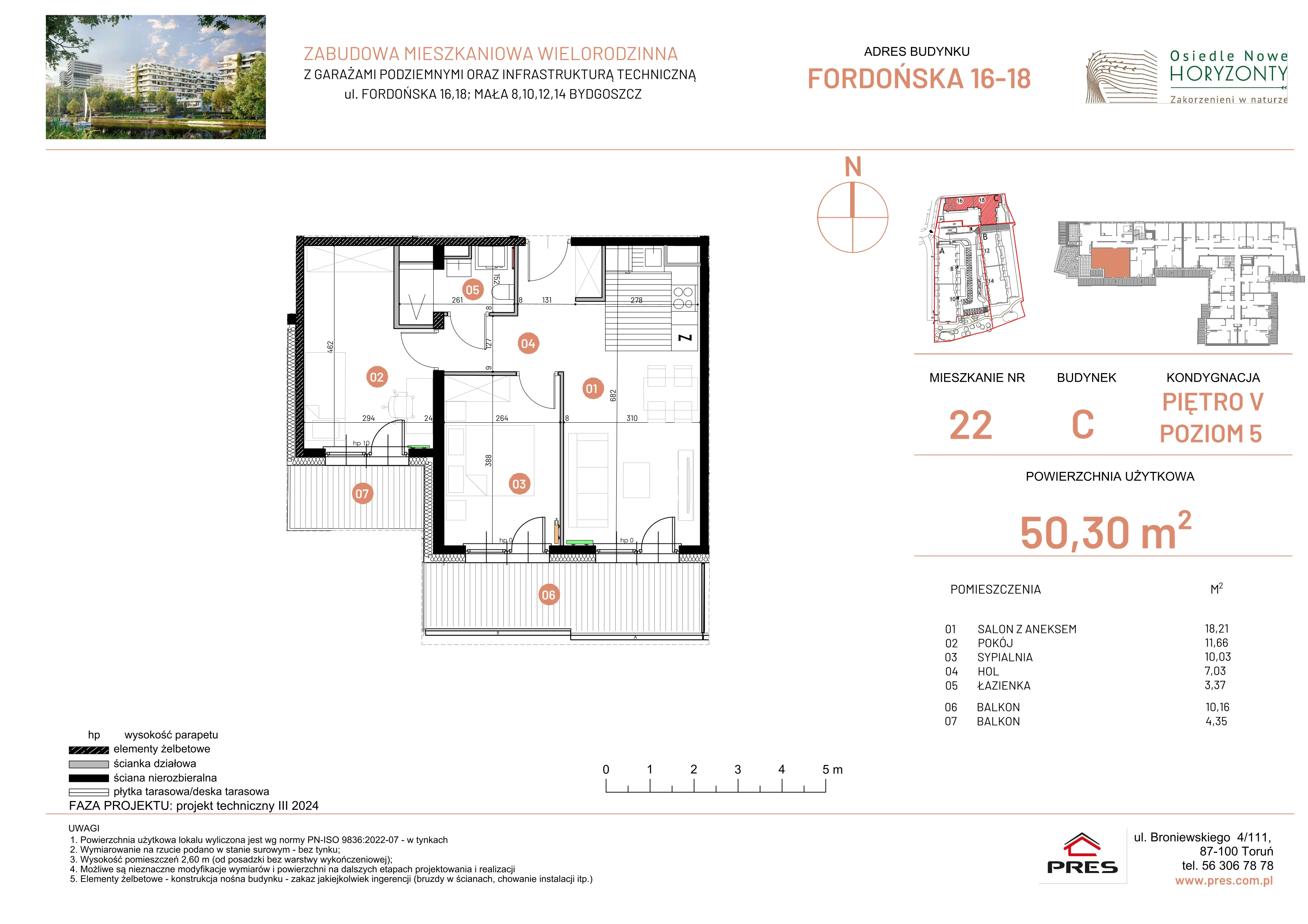 3 pokoje, mieszkanie 50,30 m², piętro 5, oferta nr ONH-C-KLF16-LM22, Osiedle Nowe Horyzonty - etap II, Bydgoszcz, Bartodzieje, ul. Fordońska 16-18