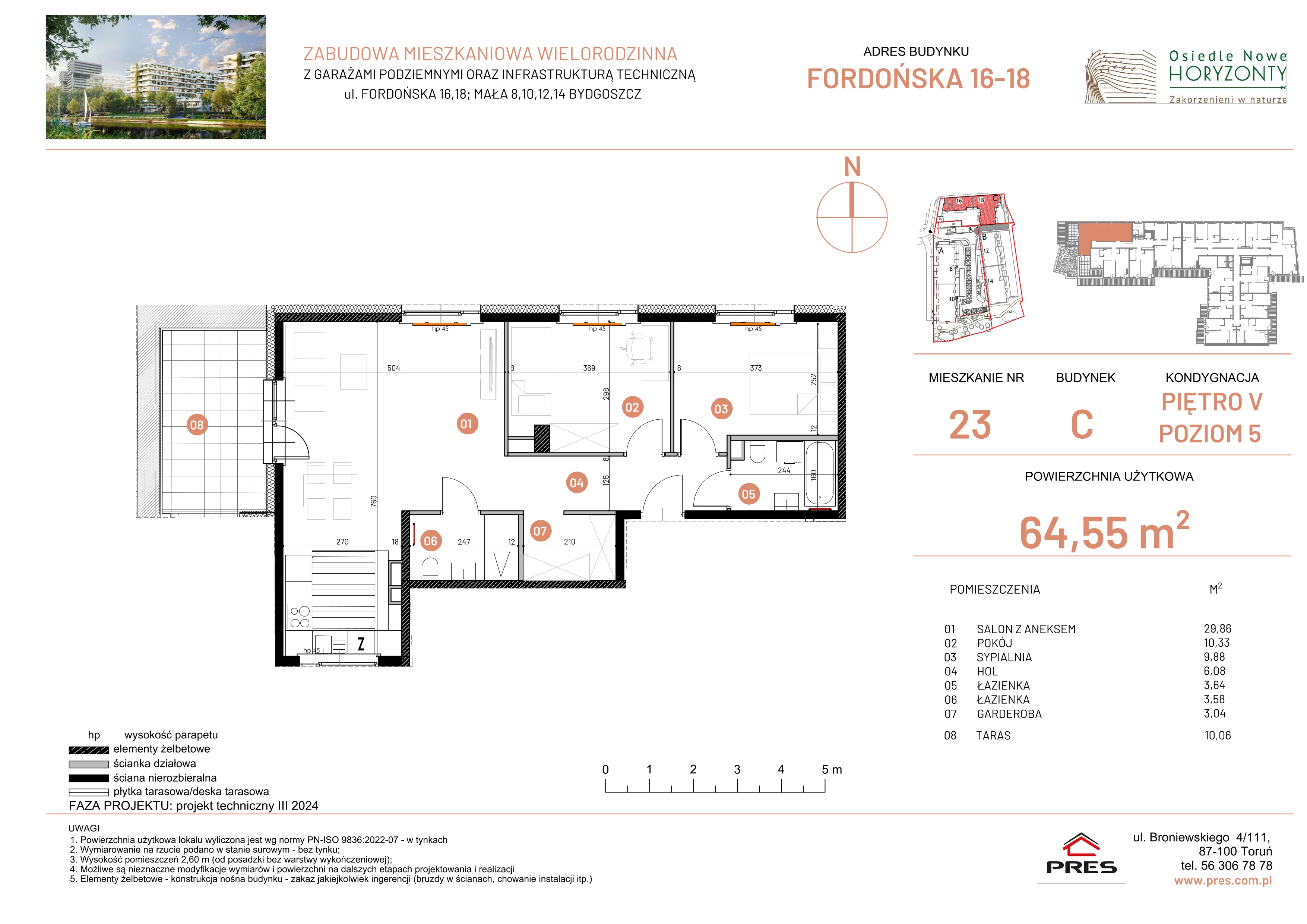 3 pokoje, mieszkanie 64,55 m², piętro 5, oferta nr ONH-C-KLF16-LM23, Osiedle Nowe Horyzonty - etap II, Bydgoszcz, Bartodzieje, ul. Fordońska 16-18