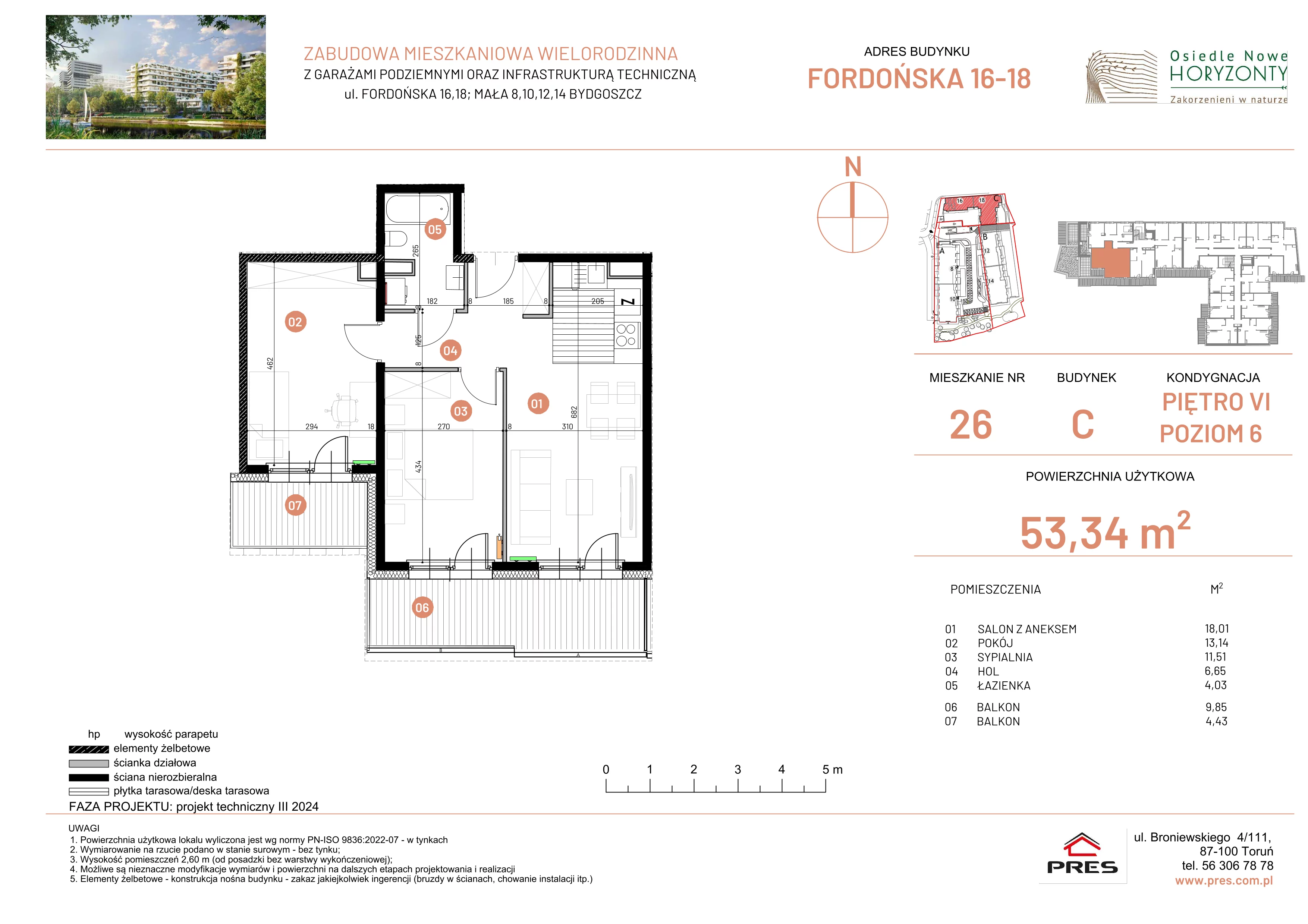 3 pokoje, mieszkanie 53,34 m², piętro 6, oferta nr ONH-C-KLF16-LM26, Osiedle Nowe Horyzonty - etap II, Bydgoszcz, Bartodzieje, ul. Fordońska 16-18