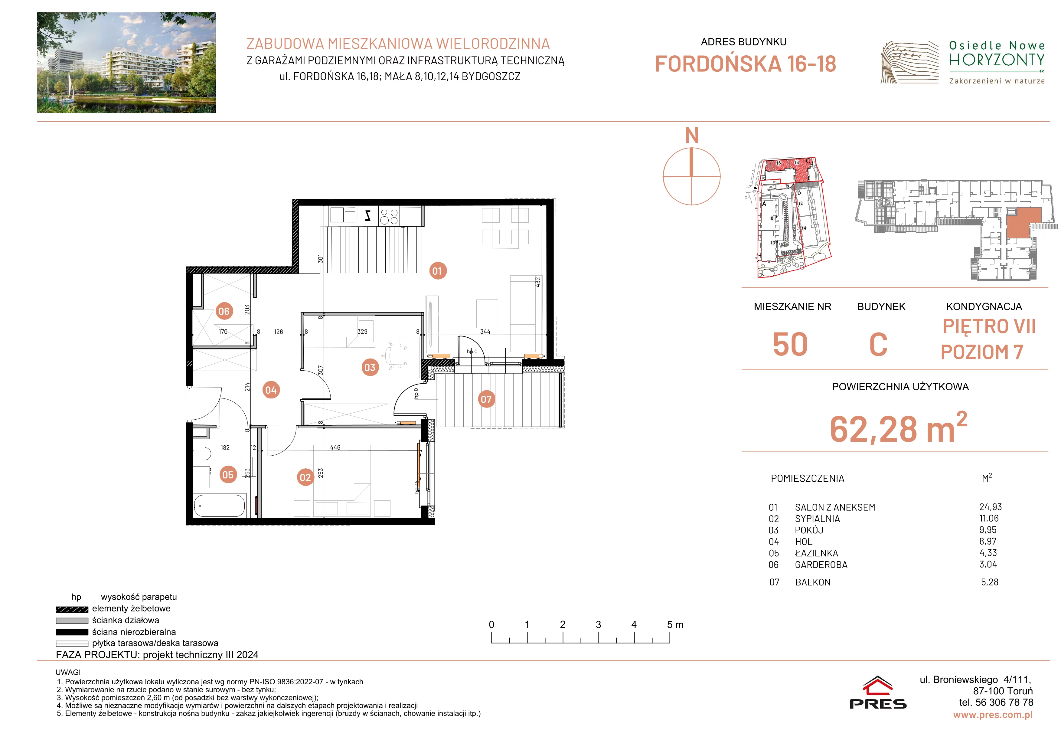 3 pokoje, mieszkanie 62,28 m², piętro 7, oferta nr ONH-C-KLF18-LM50, Osiedle Nowe Horyzonty - etap II, Bydgoszcz, Bartodzieje, ul. Fordońska 16-18