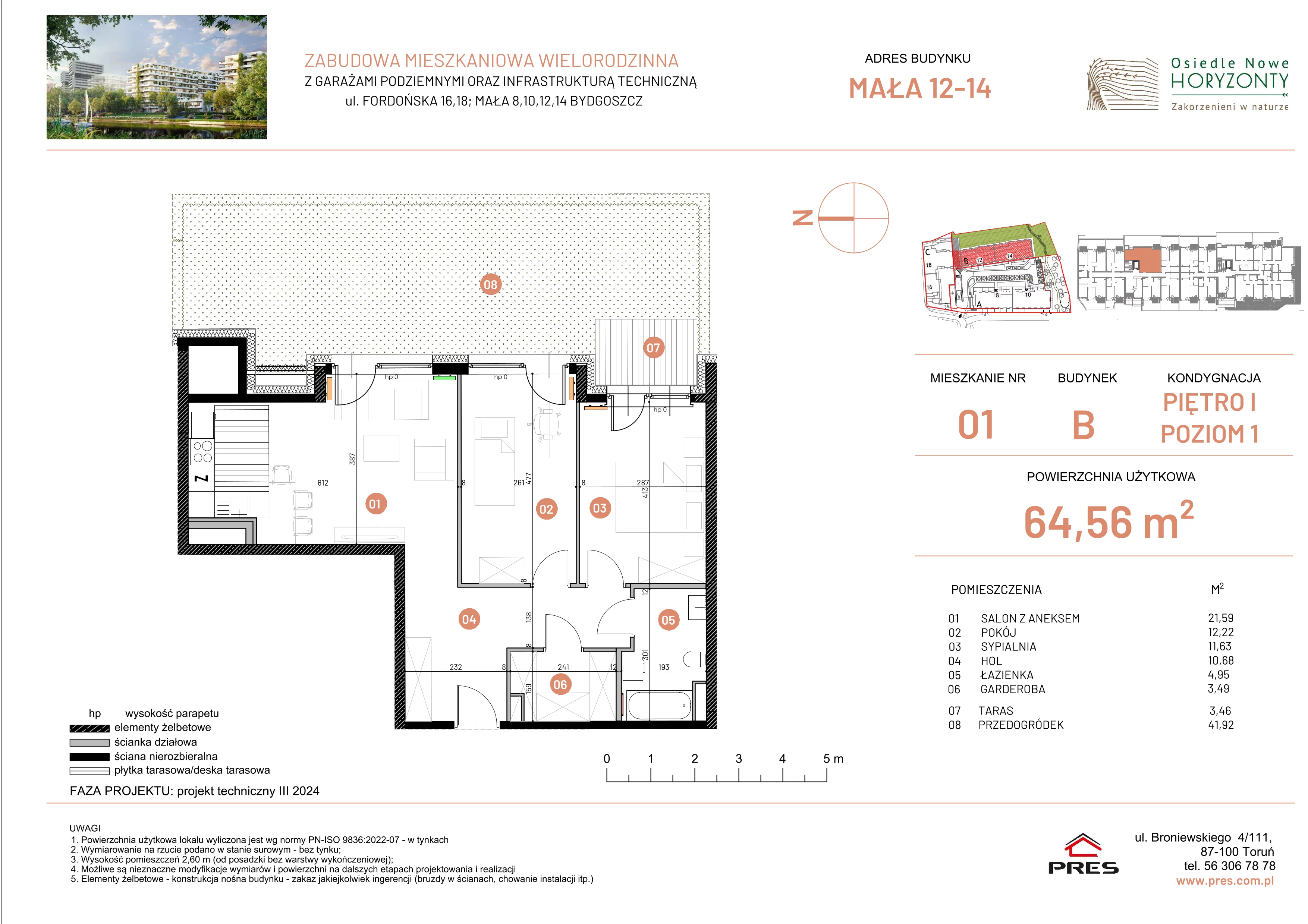 3 pokoje, mieszkanie 64,56 m², piętro 1, oferta nr ONH-B-KLM12-LM1, Osiedle Nowe Horyzonty - etap III, Bydgoszcz, Bartodzieje, ul. Mała 12-14