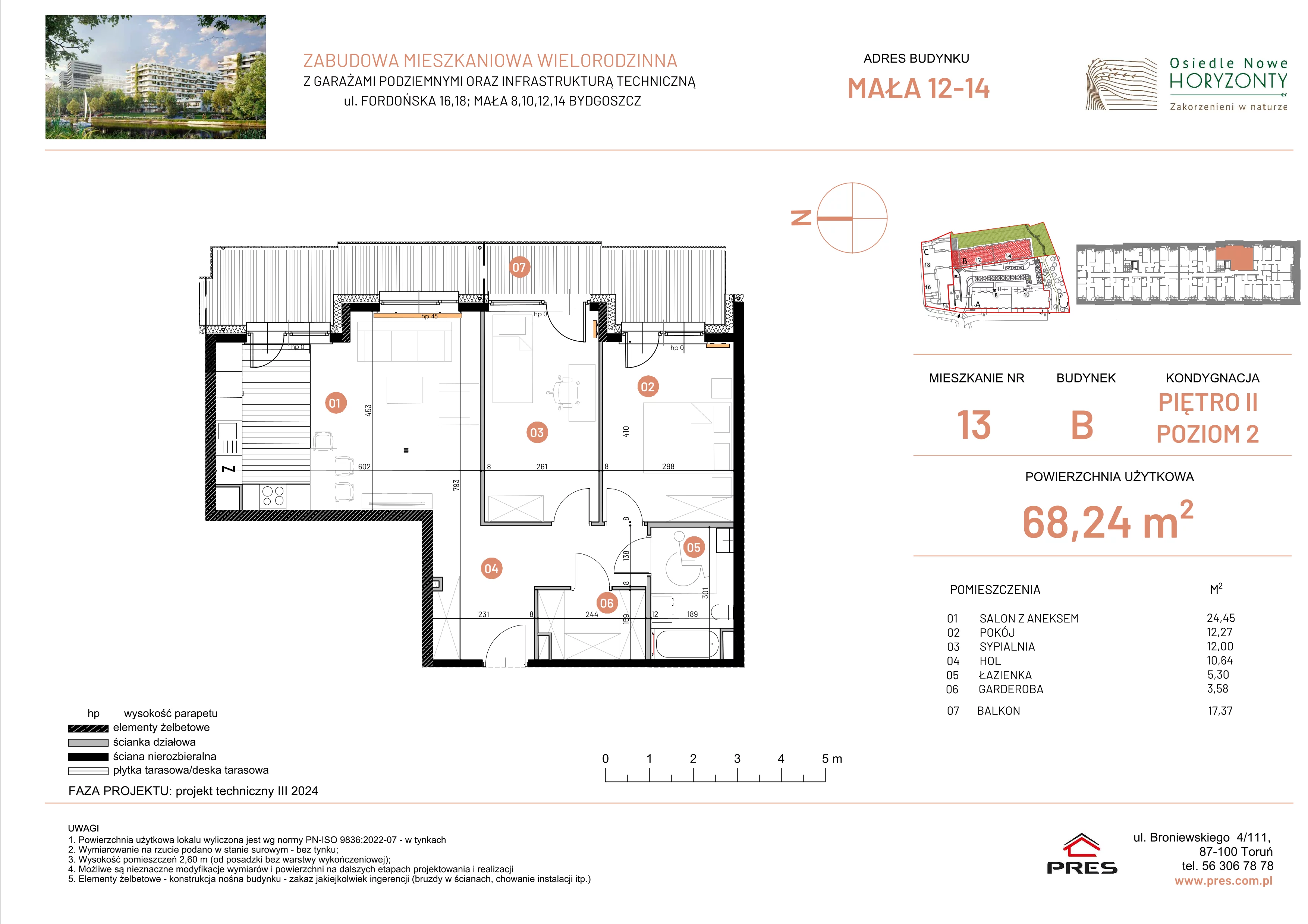 3 pokoje, mieszkanie 68,24 m², piętro 2, oferta nr ONH-B-KLM14-LM13, Osiedle Nowe Horyzonty - etap III, Bydgoszcz, Bartodzieje, ul. Mała 12-14