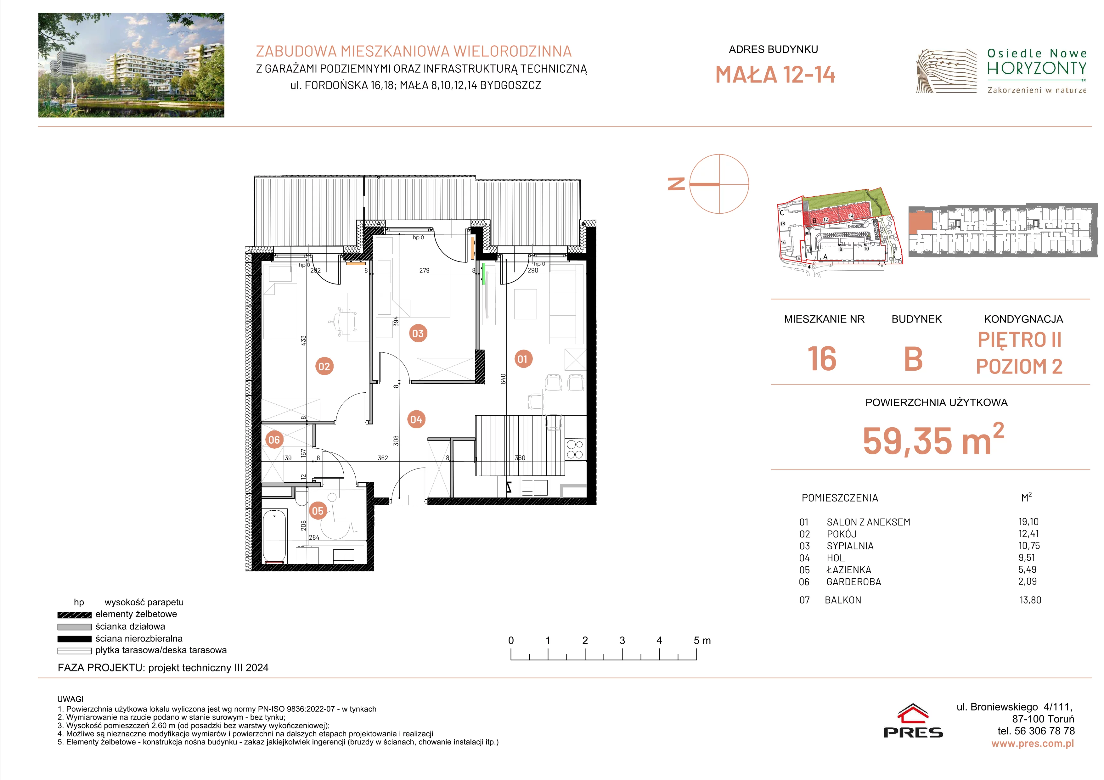 3 pokoje, mieszkanie 59,35 m², piętro 2, oferta nr ONH-B-KLM12-LM16, Osiedle Nowe Horyzonty - etap III, Bydgoszcz, Bartodzieje, ul. Mała 12-14