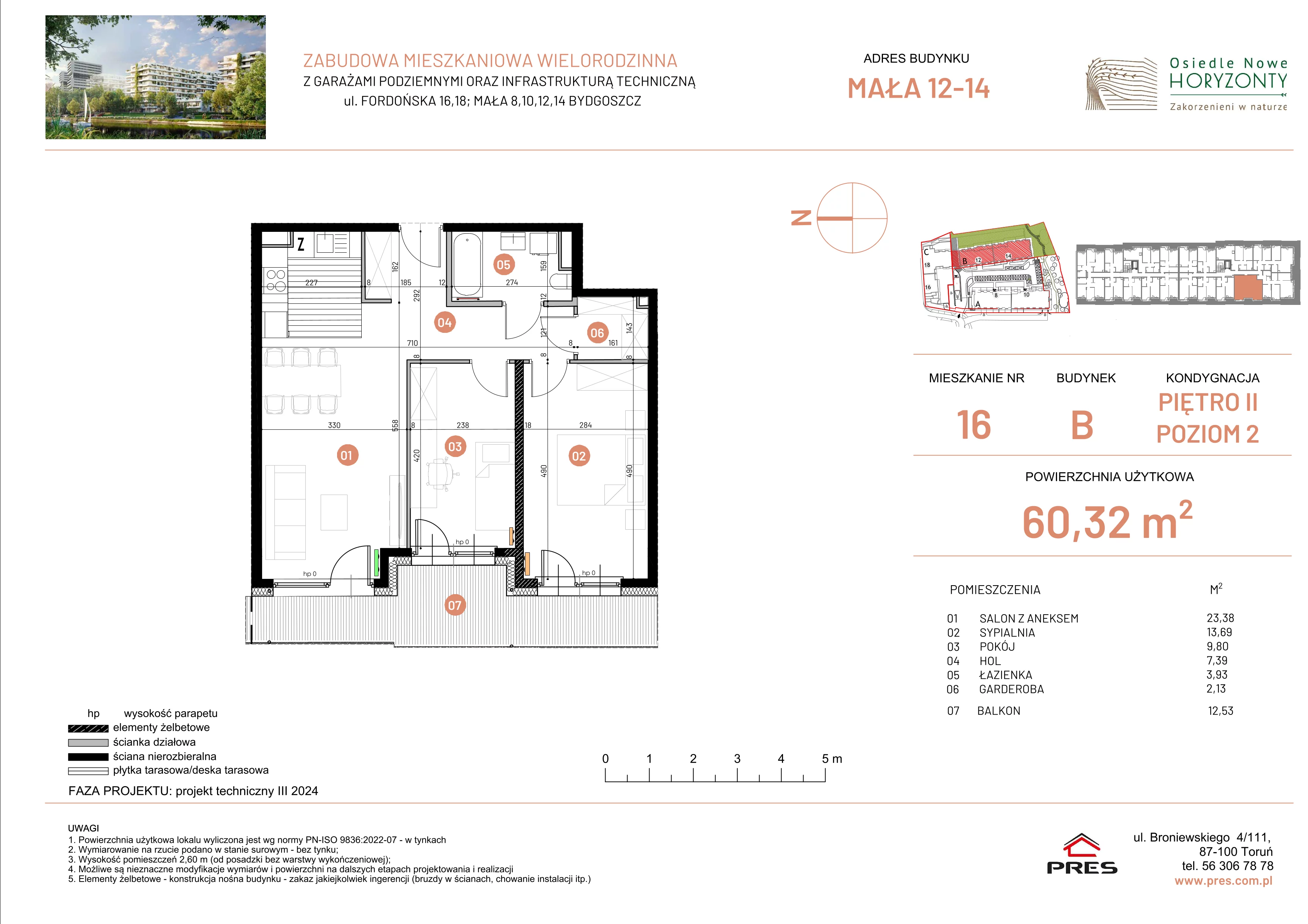 3 pokoje, mieszkanie 60,32 m², piętro 2, oferta nr ONH-B-KLM14-LM16, Osiedle Nowe Horyzonty - etap III, Bydgoszcz, Bartodzieje, ul. Mała 12-14