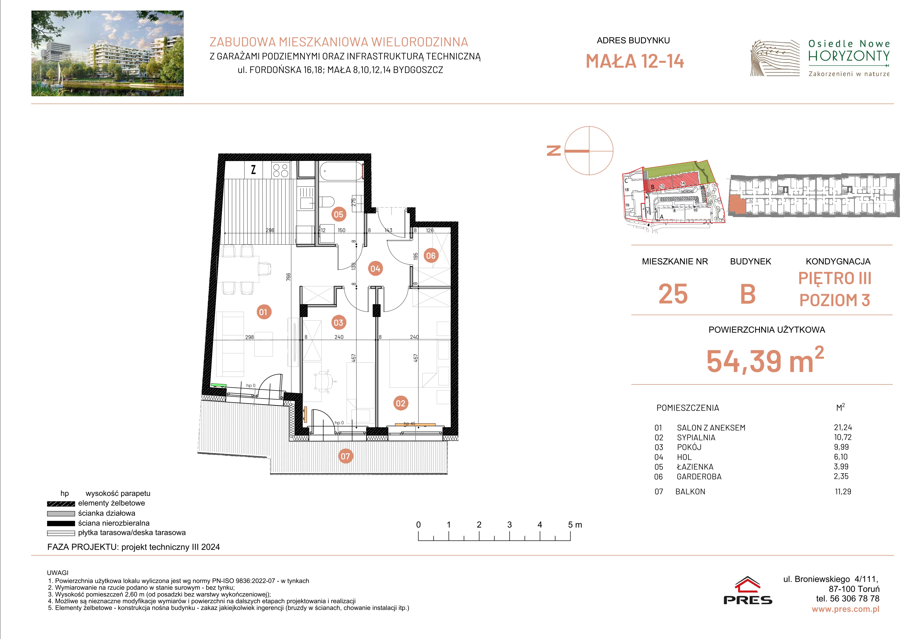 3 pokoje, mieszkanie 54,39 m², piętro 3, oferta nr ONH-B-KLM12-LM25, Osiedle Nowe Horyzonty - etap III, Bydgoszcz, Bartodzieje, ul. Mała 12-14