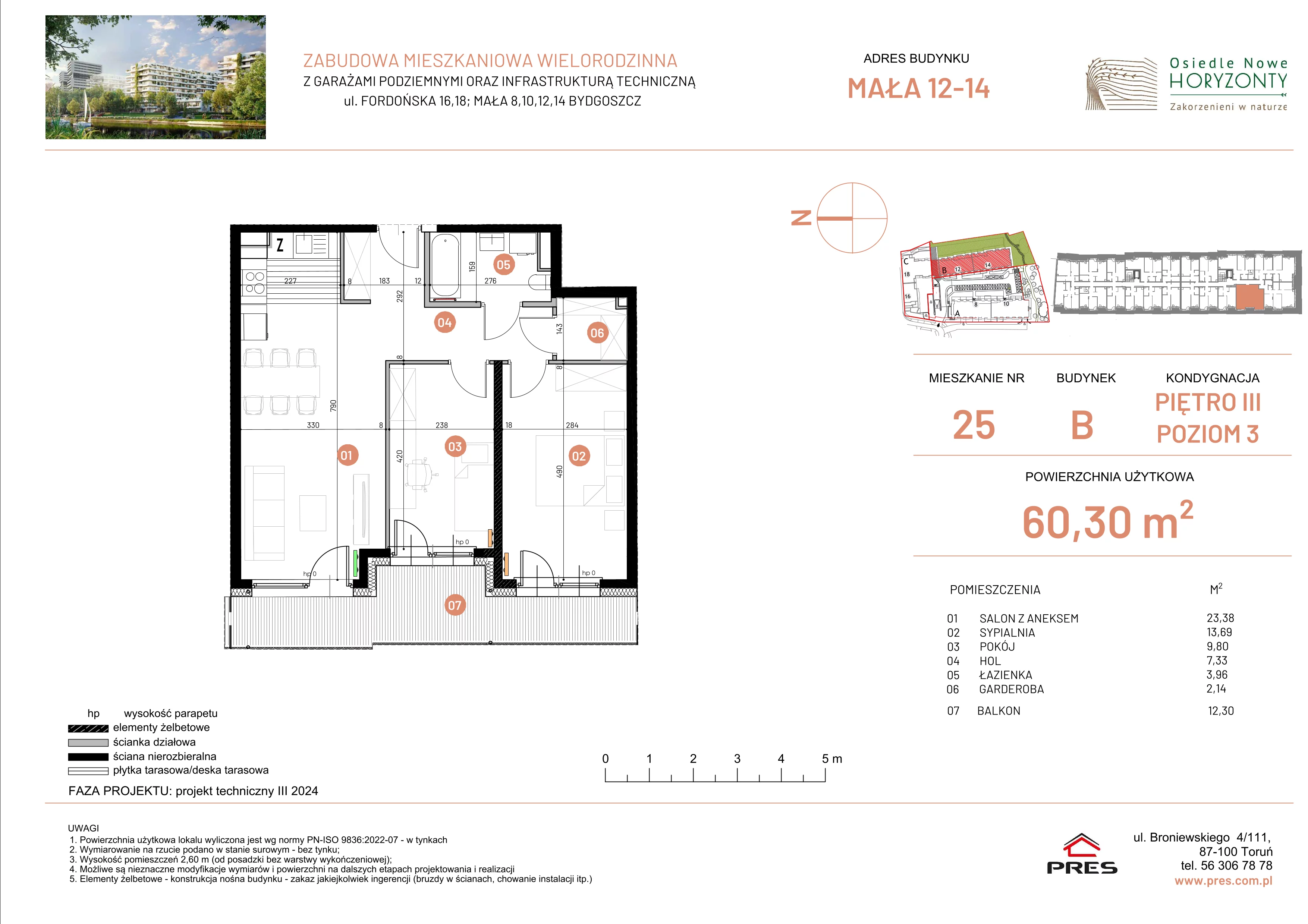 3 pokoje, mieszkanie 60,30 m², piętro 3, oferta nr ONH-B-KLM14-LM25, Osiedle Nowe Horyzonty - etap III, Bydgoszcz, Bartodzieje, ul. Mała 12-14