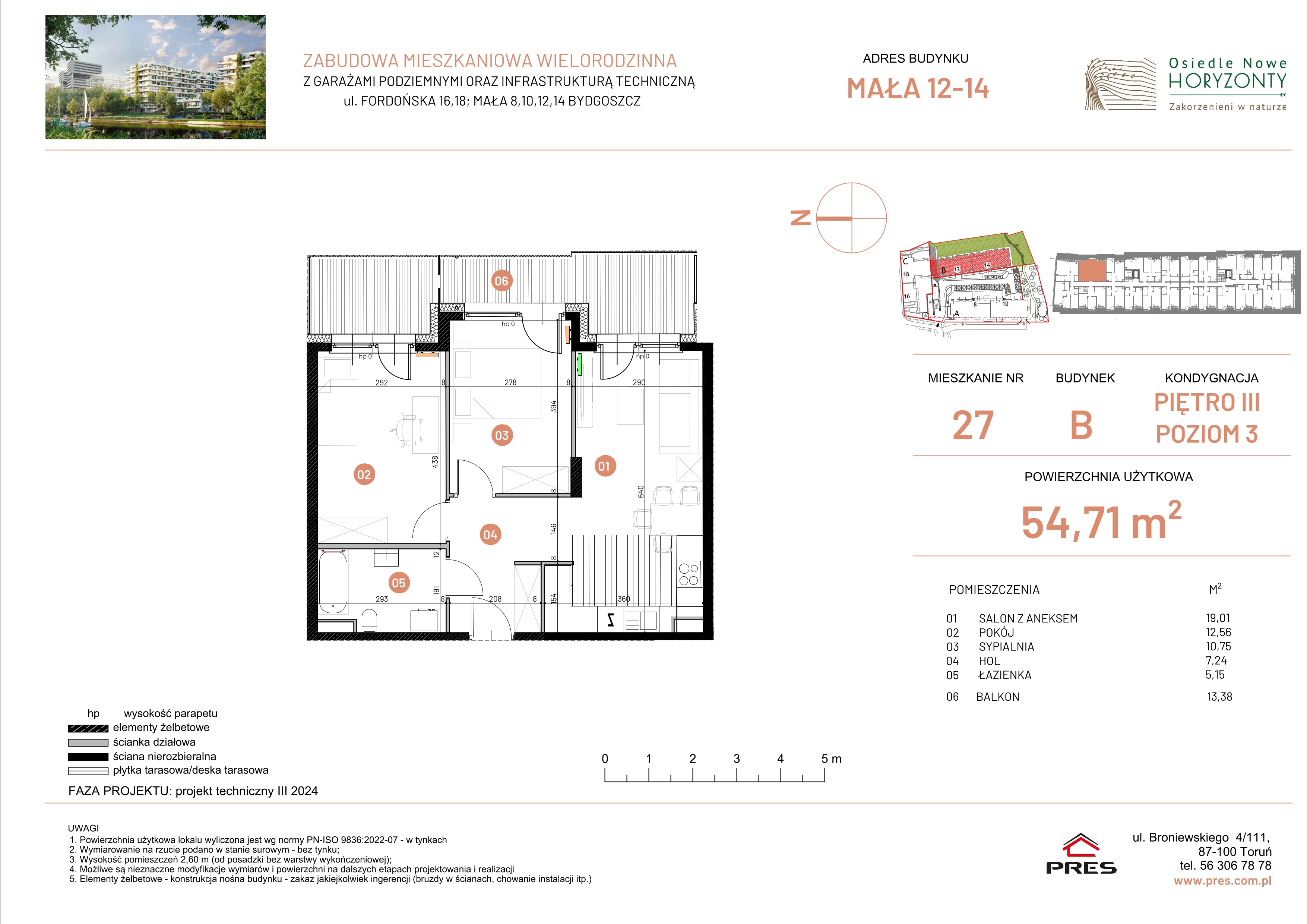 3 pokoje, mieszkanie 54,71 m², piętro 3, oferta nr ONH-B-KLM12-LM27, Osiedle Nowe Horyzonty - etap III, Bydgoszcz, Bartodzieje, ul. Mała 12-14