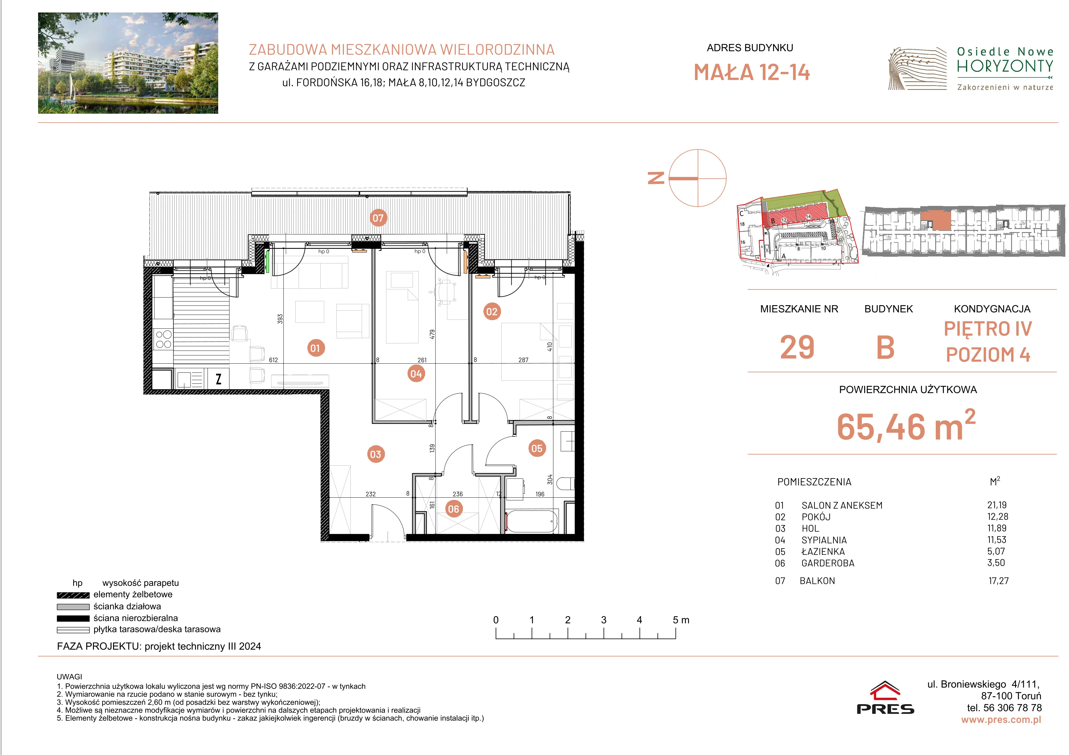 3 pokoje, mieszkanie 65,46 m², piętro 4, oferta nr ONH-B-KLM12-LM29, Osiedle Nowe Horyzonty - etap III, Bydgoszcz, Bartodzieje, ul. Mała 12-14