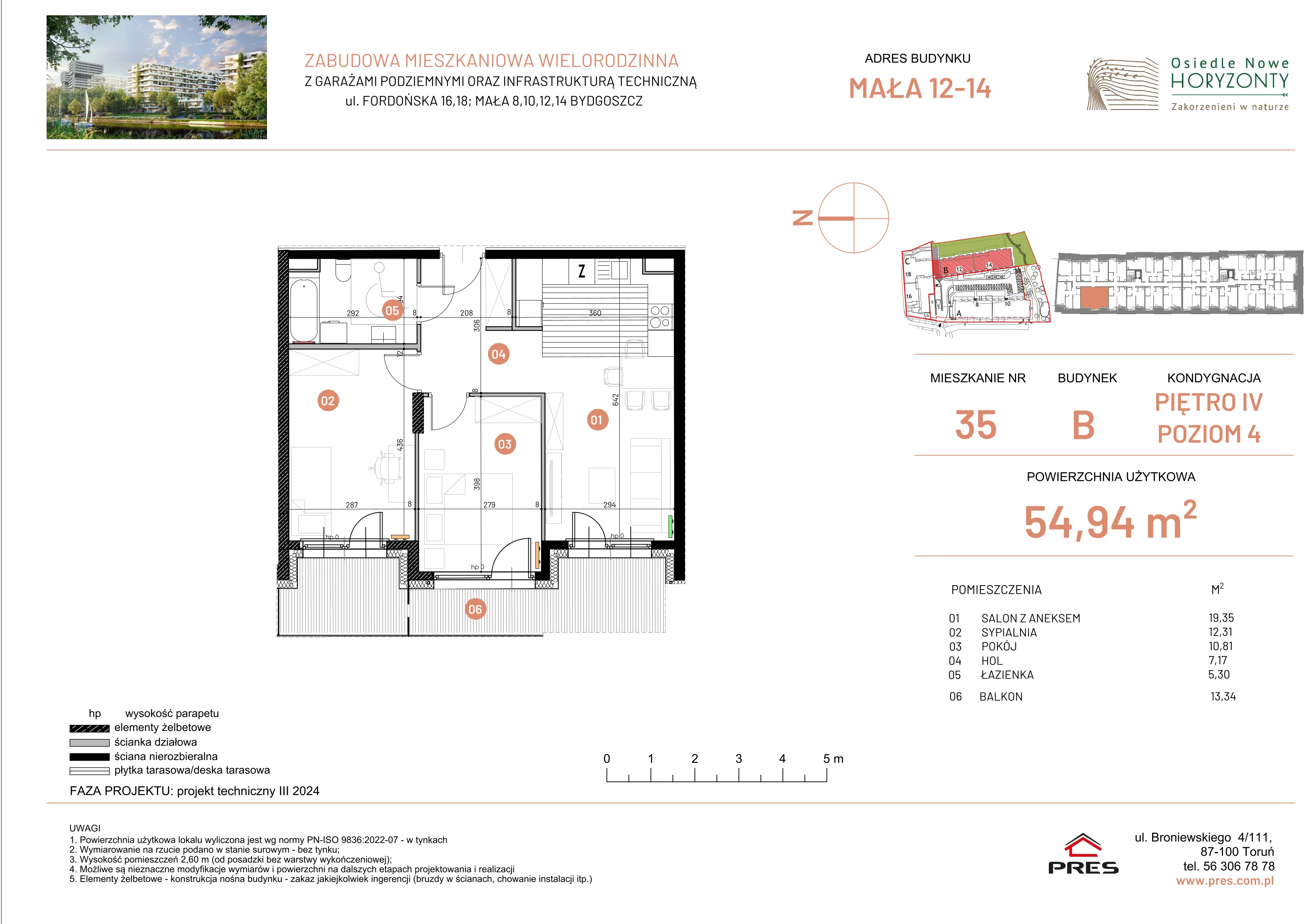 3 pokoje, mieszkanie 54,94 m², piętro 4, oferta nr ONH-B-KLM12-LM35, Osiedle Nowe Horyzonty - etap III, Bydgoszcz, Bartodzieje, ul. Mała 12-14