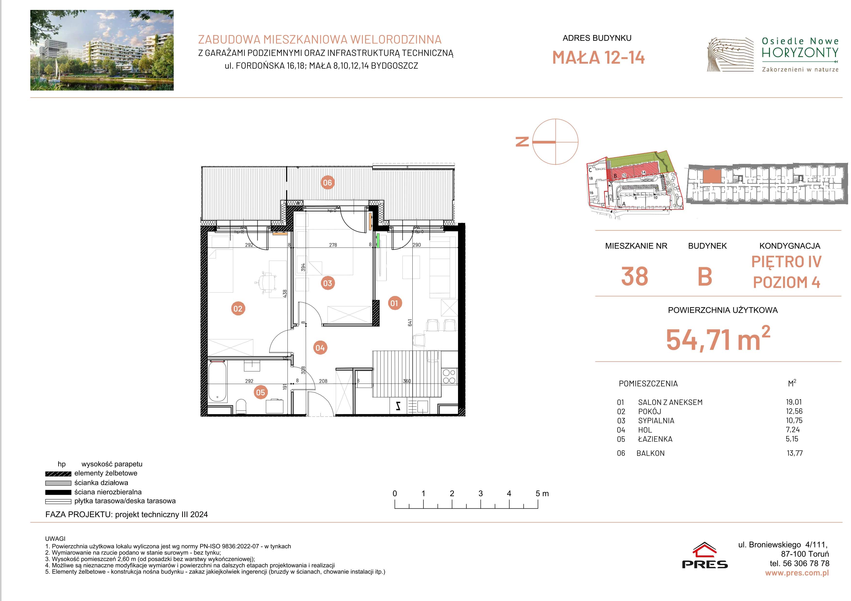 3 pokoje, mieszkanie 54,71 m², piętro 4, oferta nr ONH-B-KLM12-LM38, Osiedle Nowe Horyzonty - etap III, Bydgoszcz, Bartodzieje, ul. Mała 12-14