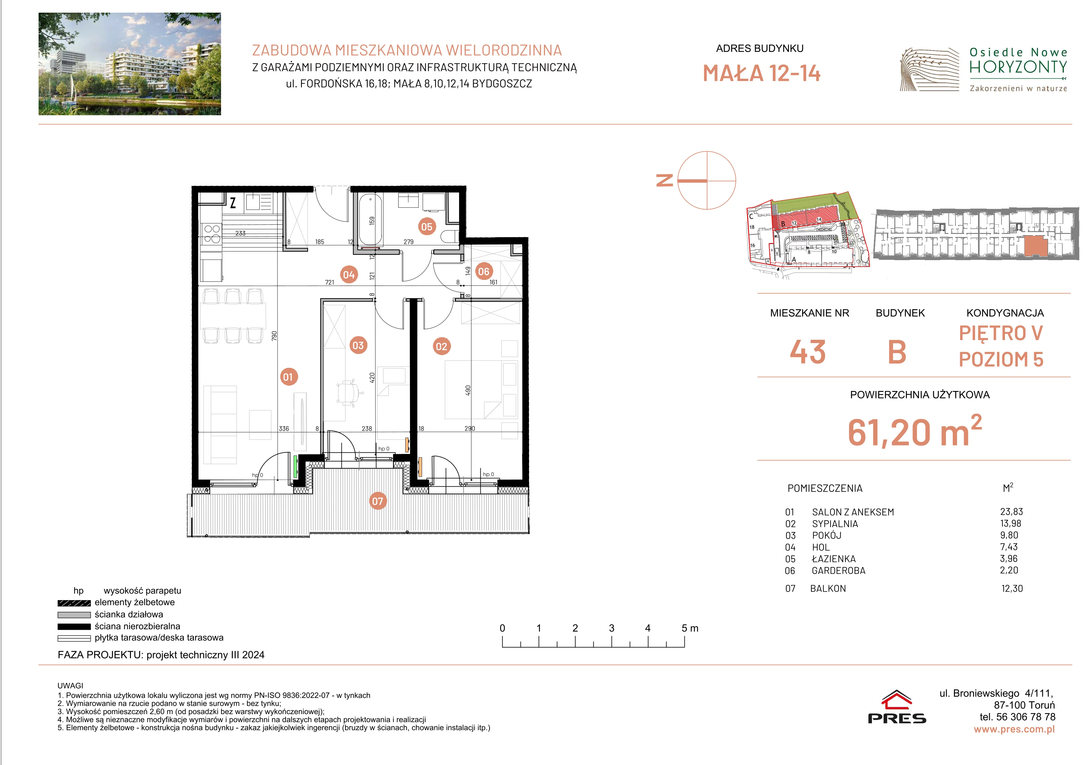 3 pokoje, mieszkanie 61,20 m², piętro 5, oferta nr ONH-B-KLM14-LM43, Osiedle Nowe Horyzonty - etap III, Bydgoszcz, Bartodzieje, ul. Mała 12-14