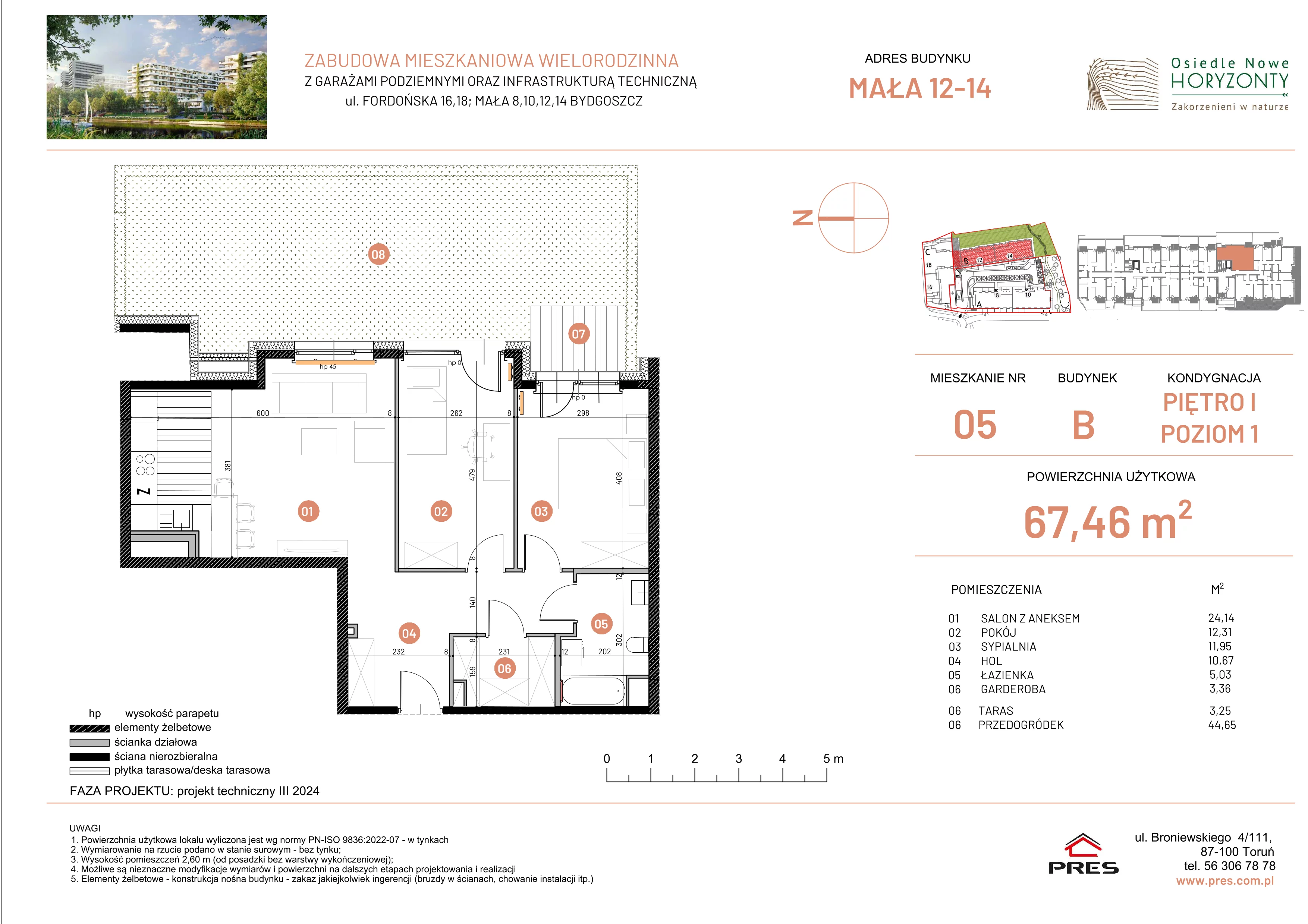 3 pokoje, mieszkanie 67,46 m², piętro 1, oferta nr ONH-B-KLM14-LM5, Osiedle Nowe Horyzonty - etap III, Bydgoszcz, Bartodzieje, ul. Mała 12-14