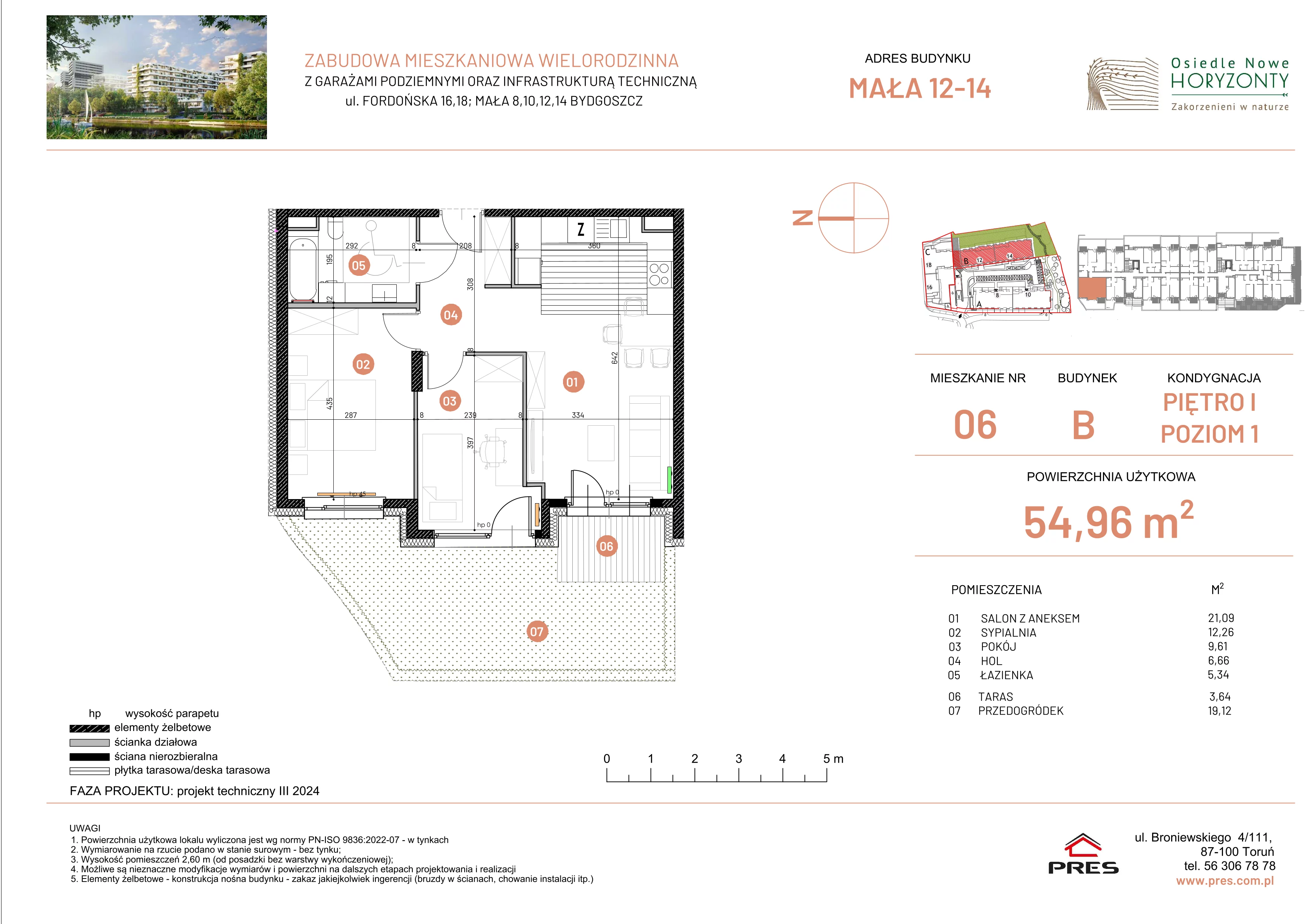 3 pokoje, mieszkanie 54,96 m², piętro 1, oferta nr ONH-B-KLM12-LM6, Osiedle Nowe Horyzonty - etap III, Bydgoszcz, Bartodzieje, ul. Mała 12-14