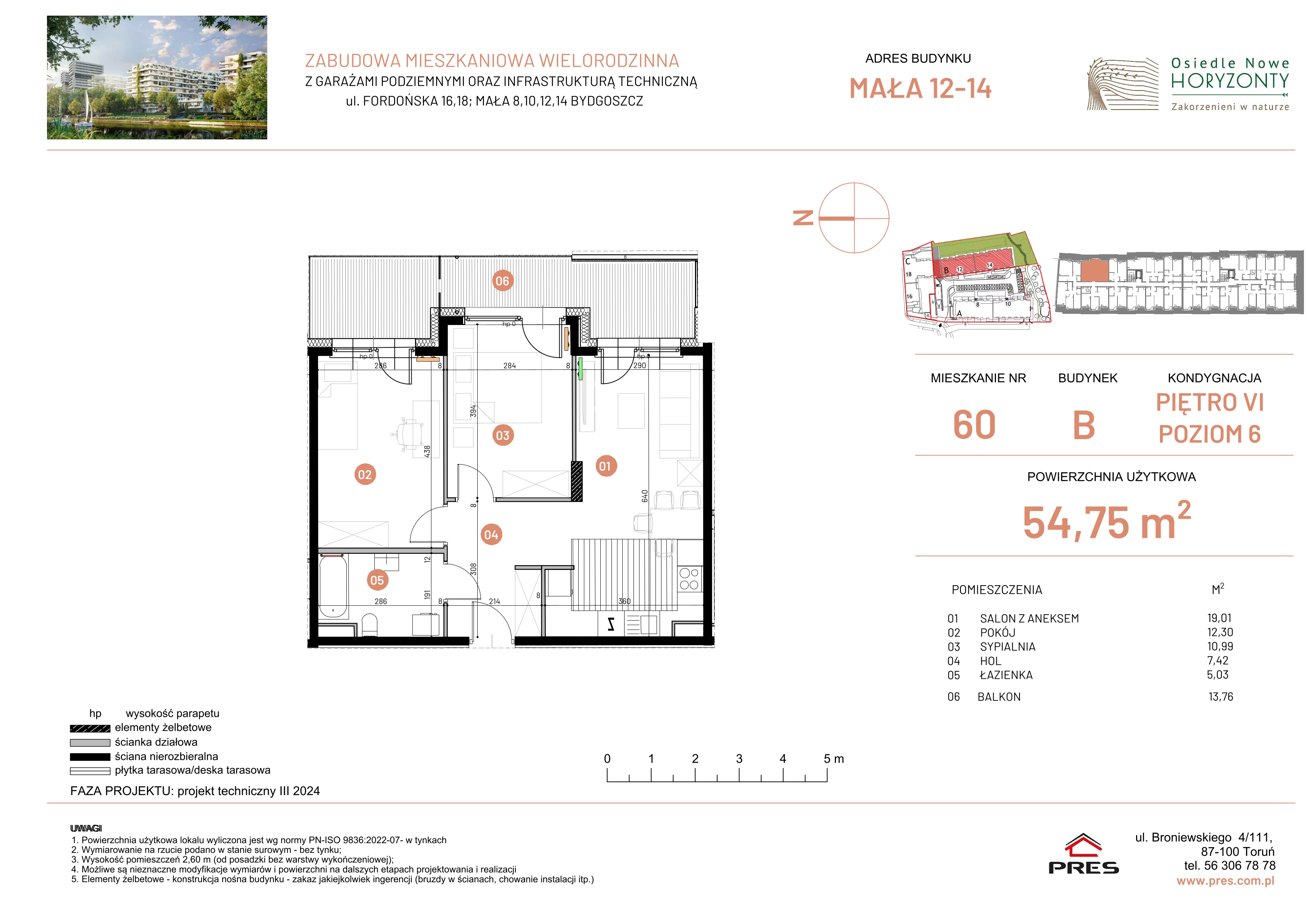 3 pokoje, mieszkanie 54,75 m², piętro 6, oferta nr ONH-B-KLM12-LM60, Osiedle Nowe Horyzonty - etap III, Bydgoszcz, Bartodzieje, ul. Mała 12-14