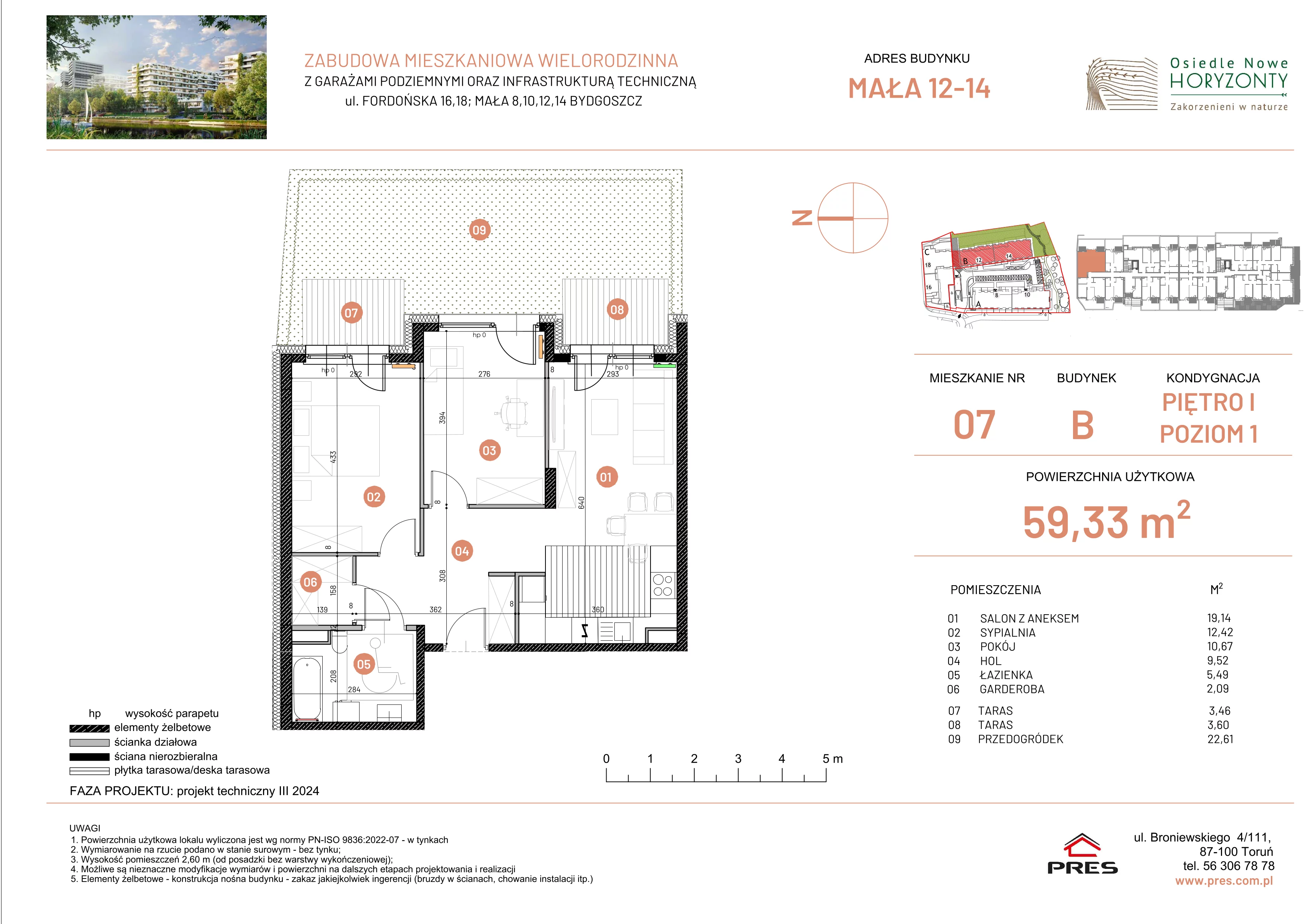 3 pokoje, mieszkanie 59,33 m², piętro 1, oferta nr ONH-B-KLM12-LM7, Osiedle Nowe Horyzonty - etap III, Bydgoszcz, Bartodzieje, ul. Mała 12-14