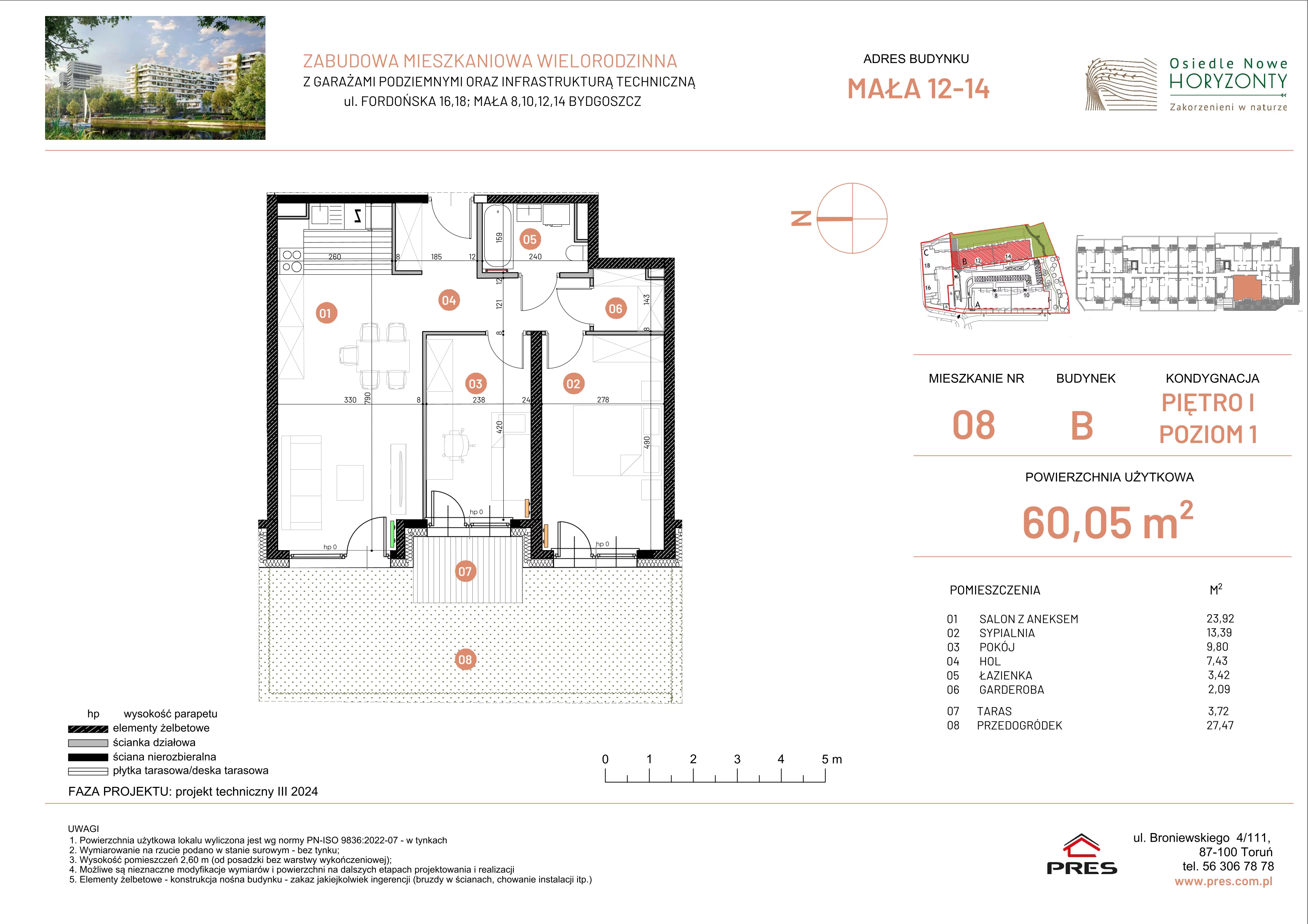 3 pokoje, mieszkanie 60,05 m², piętro 1, oferta nr ONH-B-KLM14-LM8, Osiedle Nowe Horyzonty - etap III, Bydgoszcz, Bartodzieje, ul. Mała 12-14