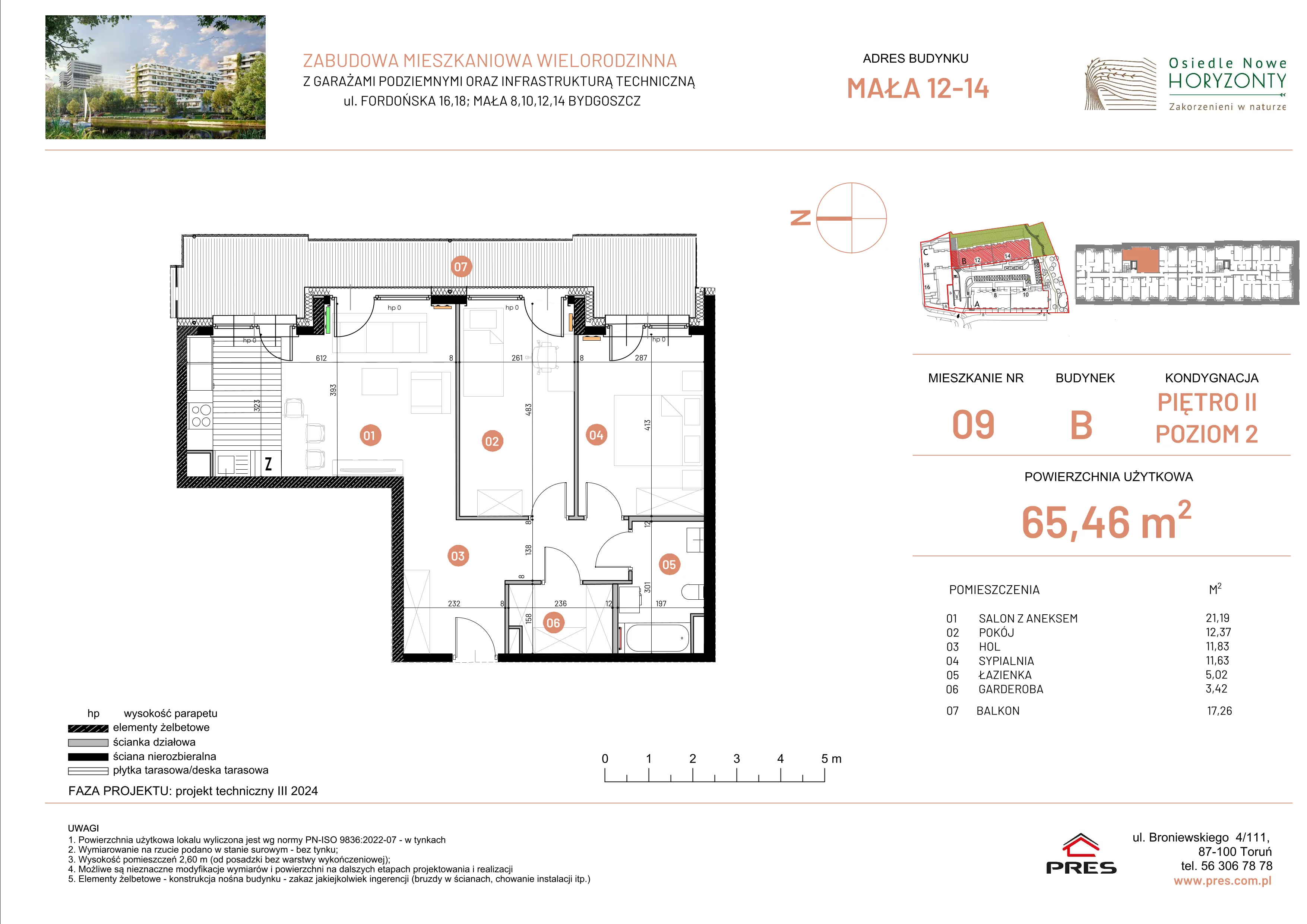 3 pokoje, mieszkanie 65,46 m², piętro 2, oferta nr ONH-B-KLM12-LM9, Osiedle Nowe Horyzonty - etap III, Bydgoszcz, Bartodzieje, ul. Mała 12-14