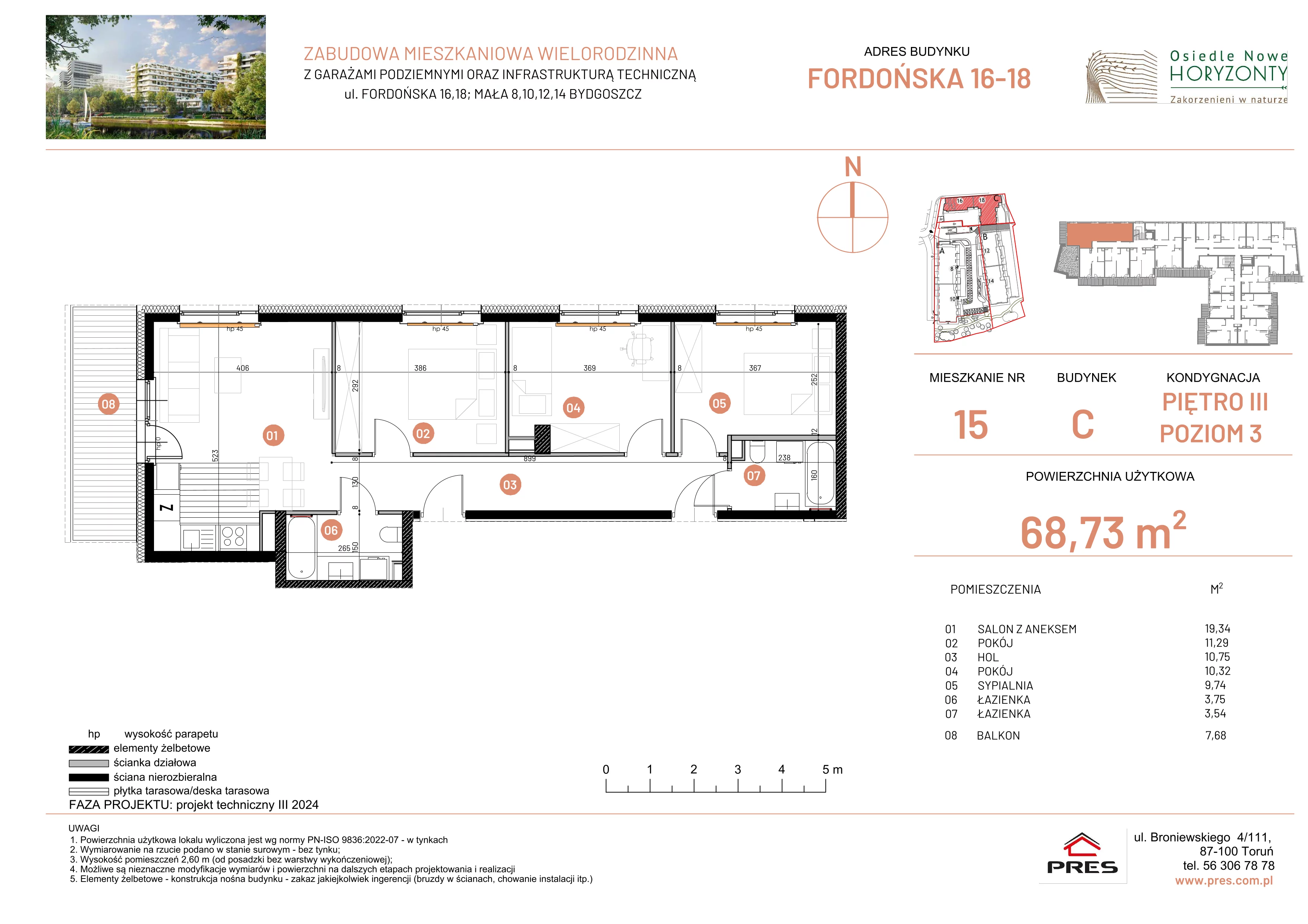 4 pokoje, mieszkanie 68,73 m², piętro 3, oferta nr ONH-C-KLF16-LM15, Osiedle Nowe Horyzonty - etap II, Bydgoszcz, Bartodzieje, ul. Fordońska 16-18