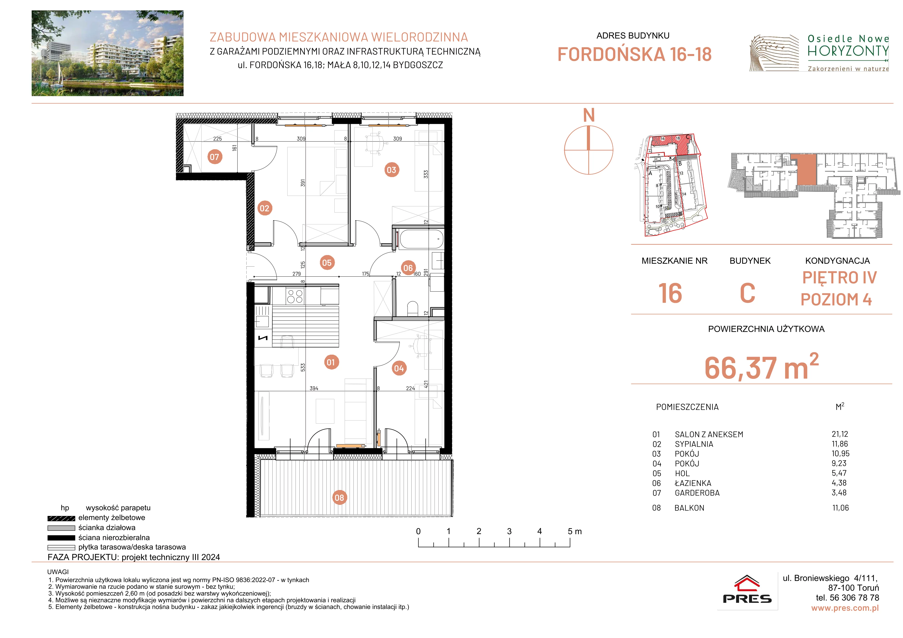 4 pokoje, mieszkanie 66,37 m², piętro 4, oferta nr ONH-C-KLF16-LM16, Osiedle Nowe Horyzonty - etap II, Bydgoszcz, Bartodzieje, ul. Fordońska 16-18