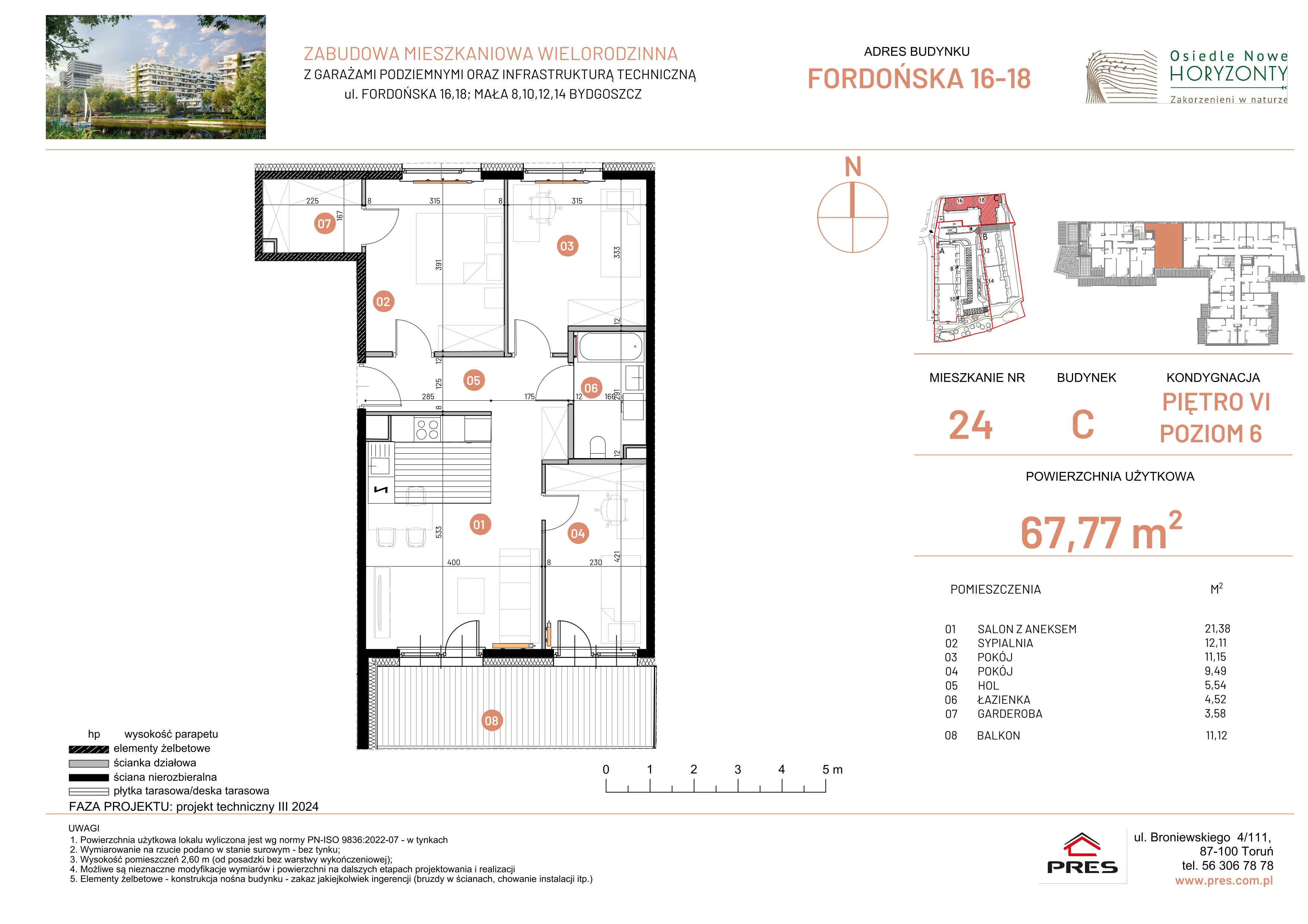 4 pokoje, mieszkanie 67,77 m², piętro 6, oferta nr ONH-C-KLF16-LM24, Osiedle Nowe Horyzonty - etap II, Bydgoszcz, Bartodzieje, ul. Fordońska 16-18