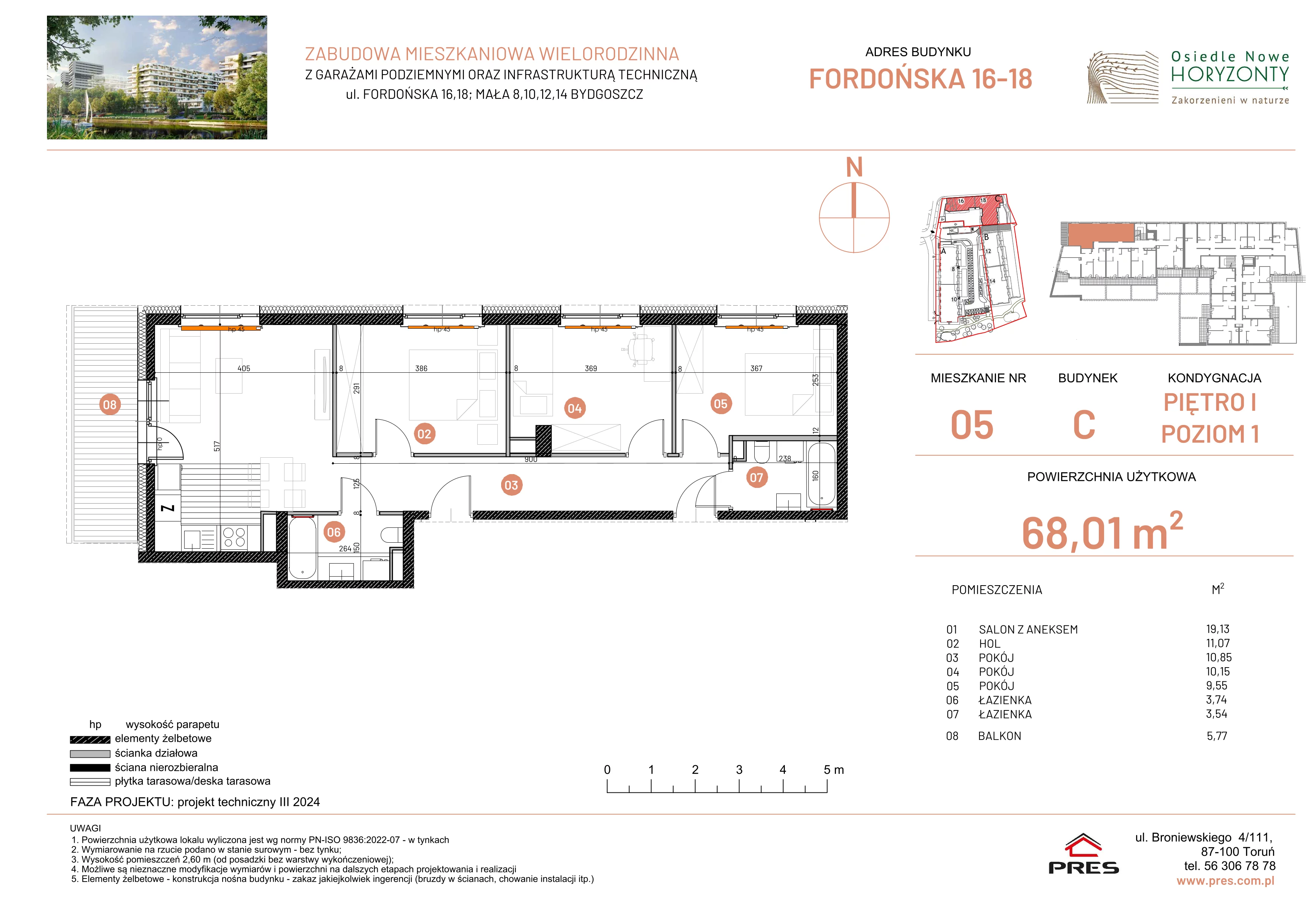 4 pokoje, mieszkanie 68,01 m², piętro 1, oferta nr ONH-C-KLF16-LM5, Osiedle Nowe Horyzonty - etap II, Bydgoszcz, Bartodzieje, ul. Fordońska 16-18