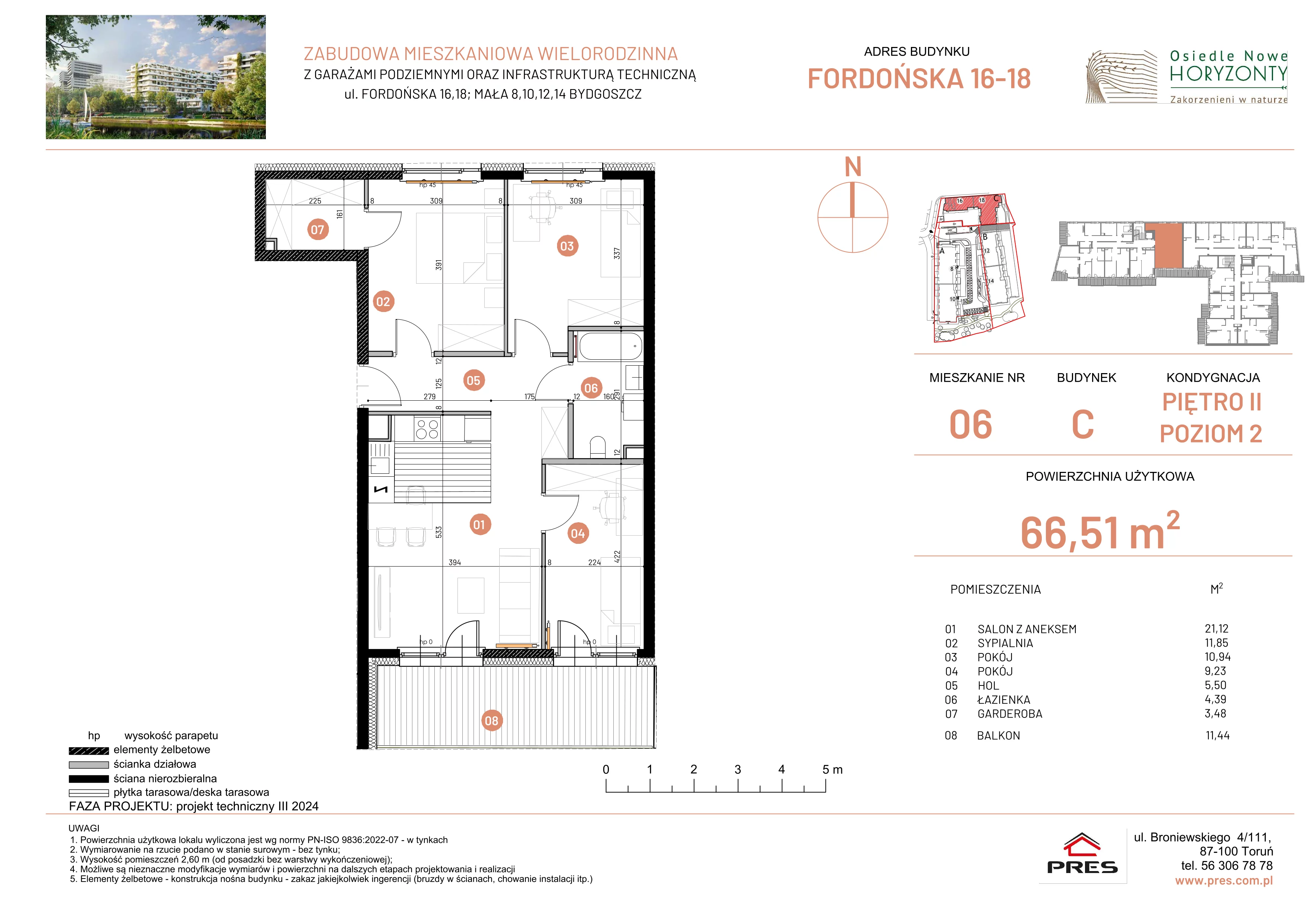 4 pokoje, mieszkanie 66,51 m², piętro 2, oferta nr ONH-C-KLF16-LM6, Osiedle Nowe Horyzonty - etap II, Bydgoszcz, Bartodzieje, ul. Fordońska 16-18