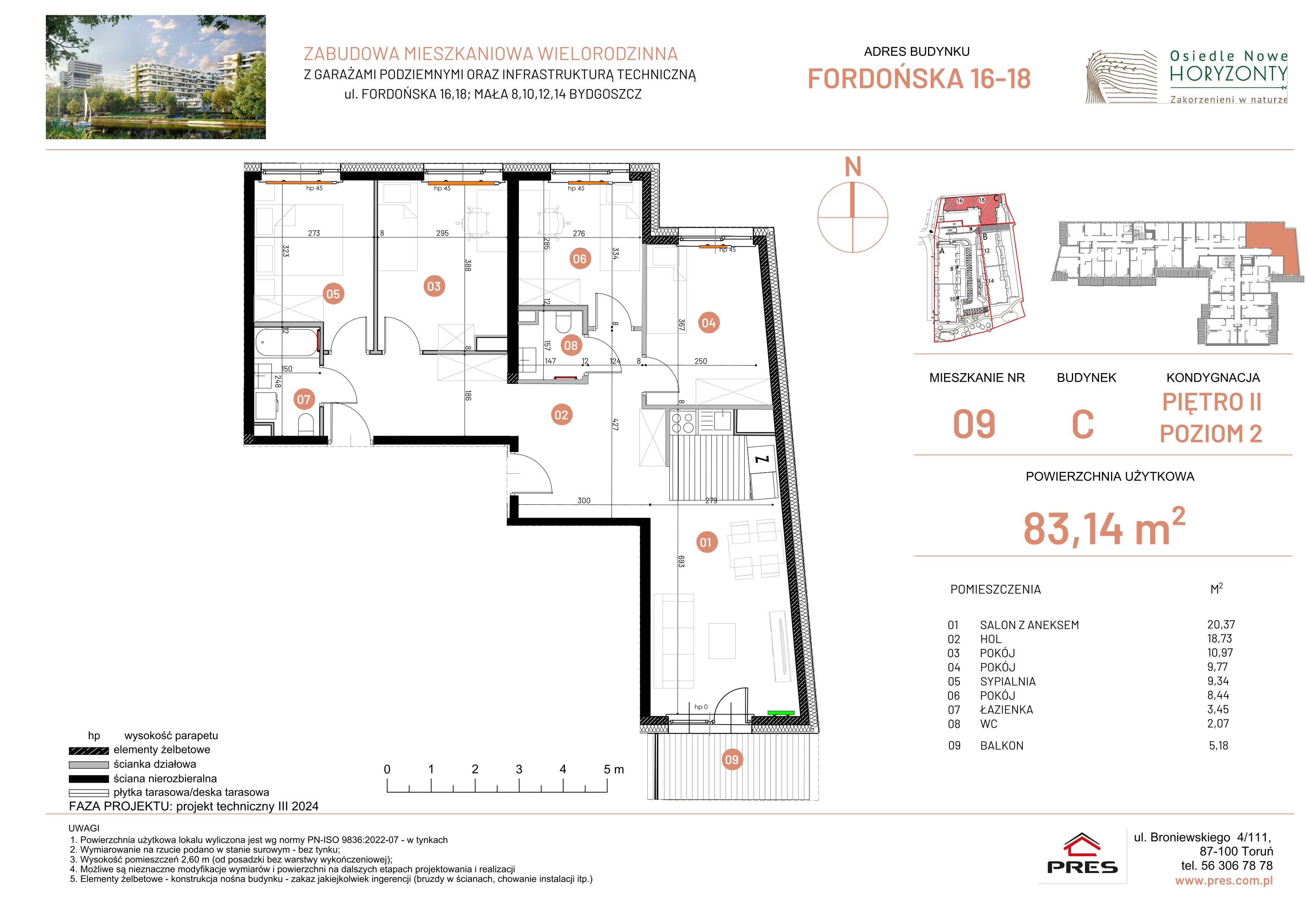 4 pokoje, mieszkanie 83,14 m², piętro 2, oferta nr ONH-C-KLF18-LM9, Osiedle Nowe Horyzonty - etap II, Bydgoszcz, Bartodzieje, ul. Fordońska 16-18