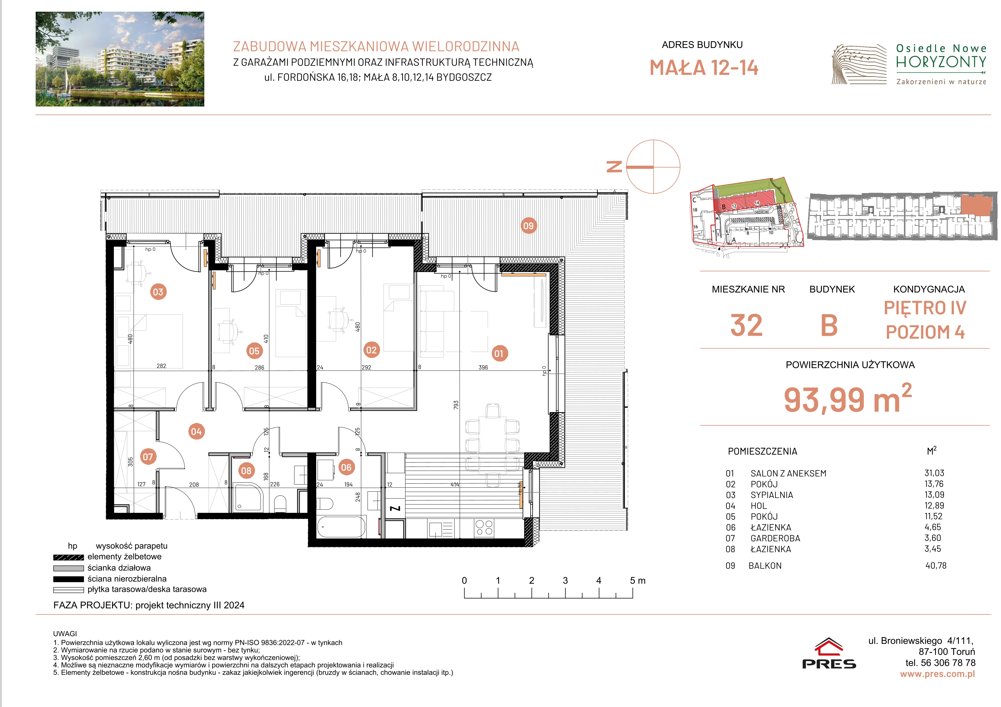 4 pokoje, mieszkanie 93,99 m², piętro 4, oferta nr ONH-B-KLM14-LM32, Osiedle Nowe Horyzonty - etap III, Bydgoszcz, Bartodzieje, ul. Mała 12-14