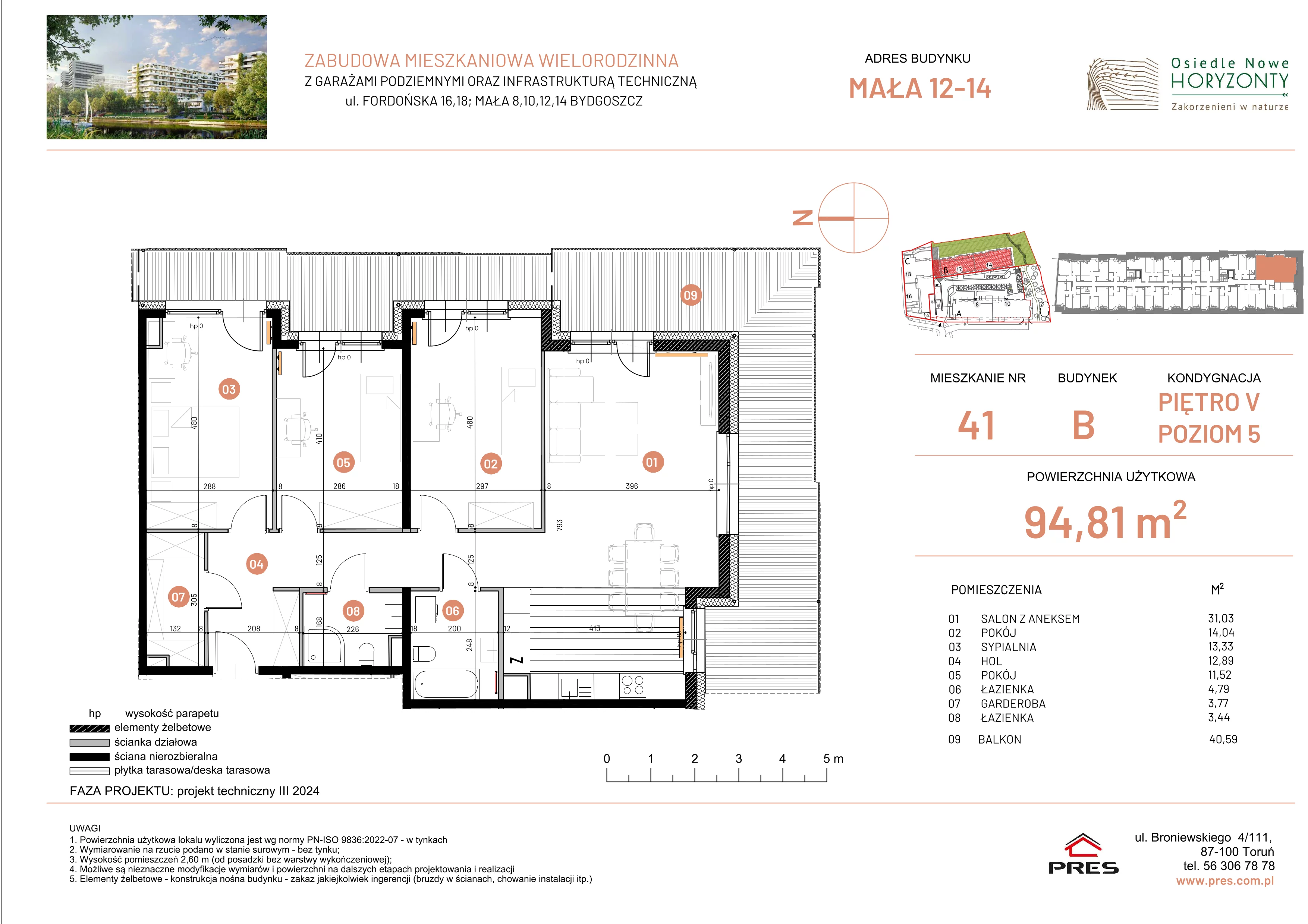 4 pokoje, mieszkanie 94,81 m², piętro 5, oferta nr ONH-B-KLM14-LM41, Osiedle Nowe Horyzonty - etap III, Bydgoszcz, Bartodzieje, ul. Mała 12-14