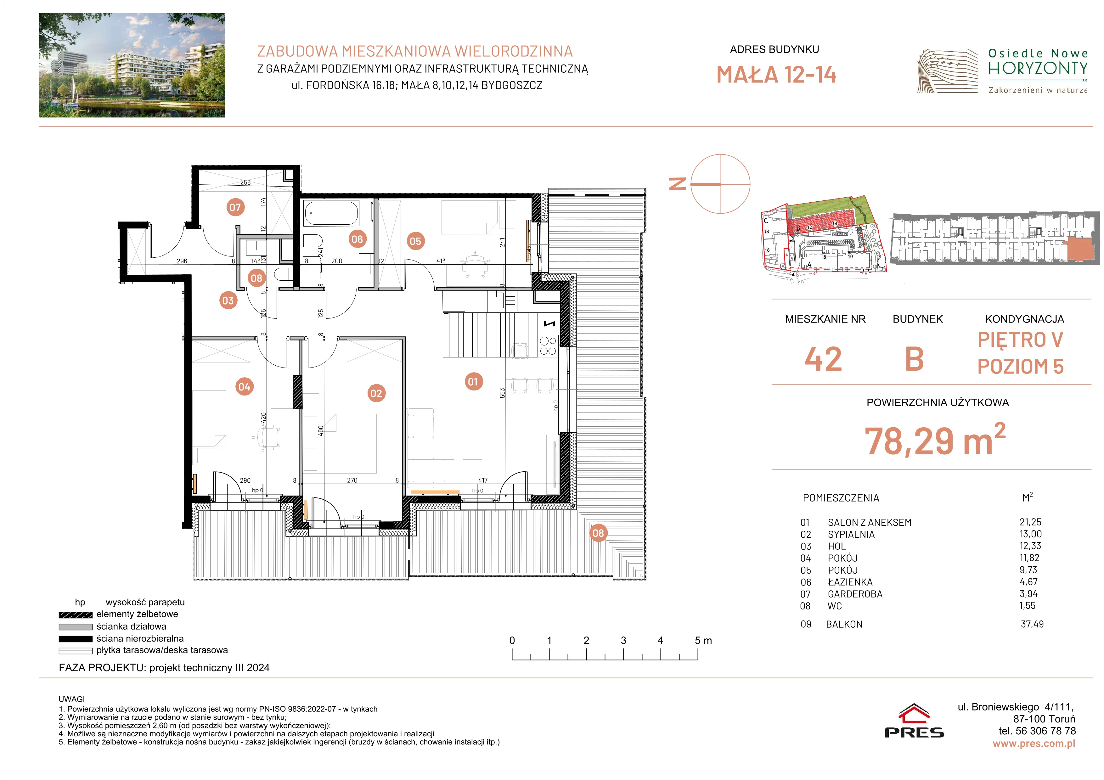 4 pokoje, mieszkanie 78,29 m², piętro 5, oferta nr ONH-B-KLM14-LM42, Osiedle Nowe Horyzonty - etap III, Bydgoszcz, Bartodzieje, ul. Mała 12-14