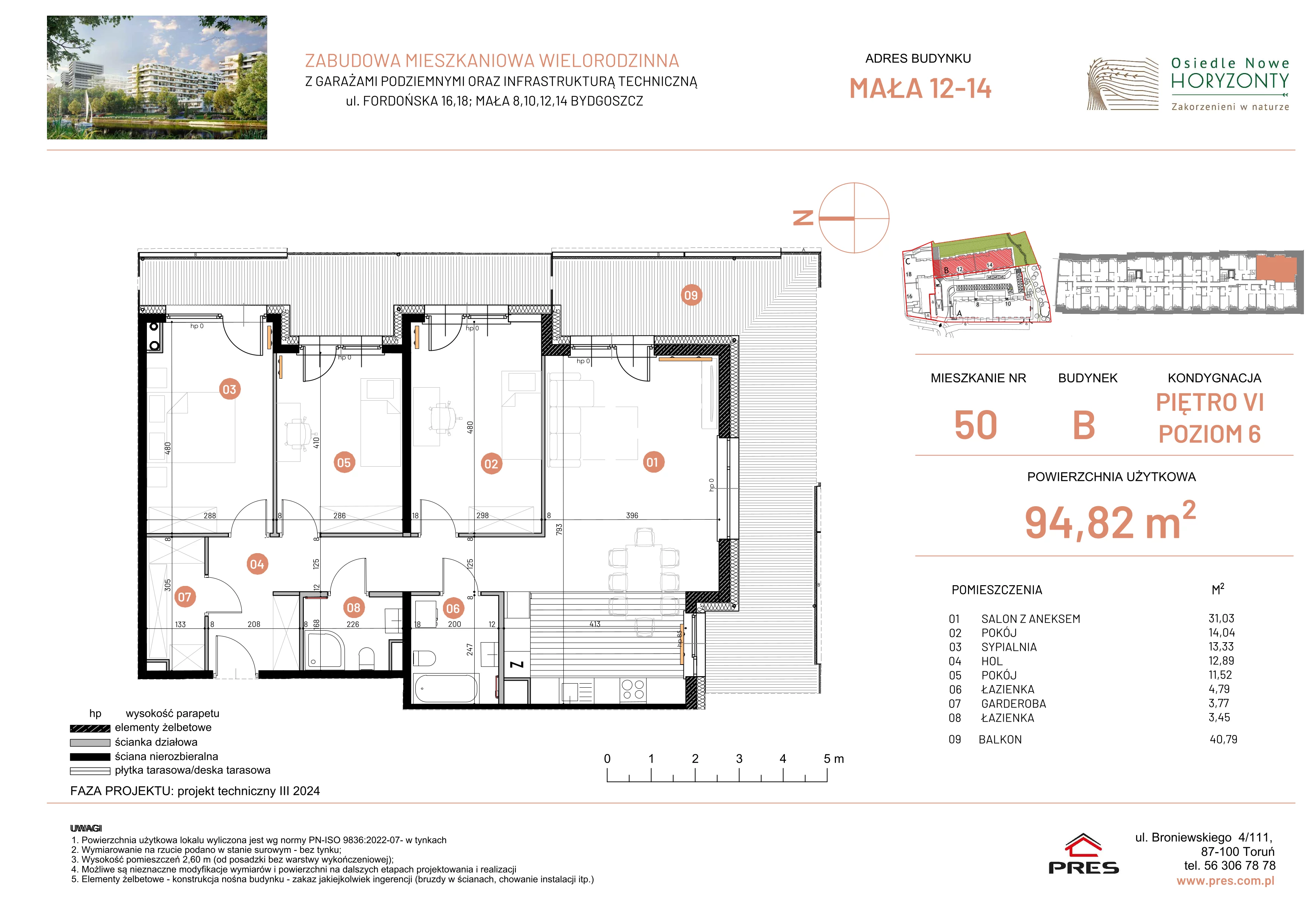 4 pokoje, mieszkanie 94,82 m², piętro 6, oferta nr ONH-B-KLM14-LM50, Osiedle Nowe Horyzonty - etap III, Bydgoszcz, Bartodzieje, ul. Mała 12-14