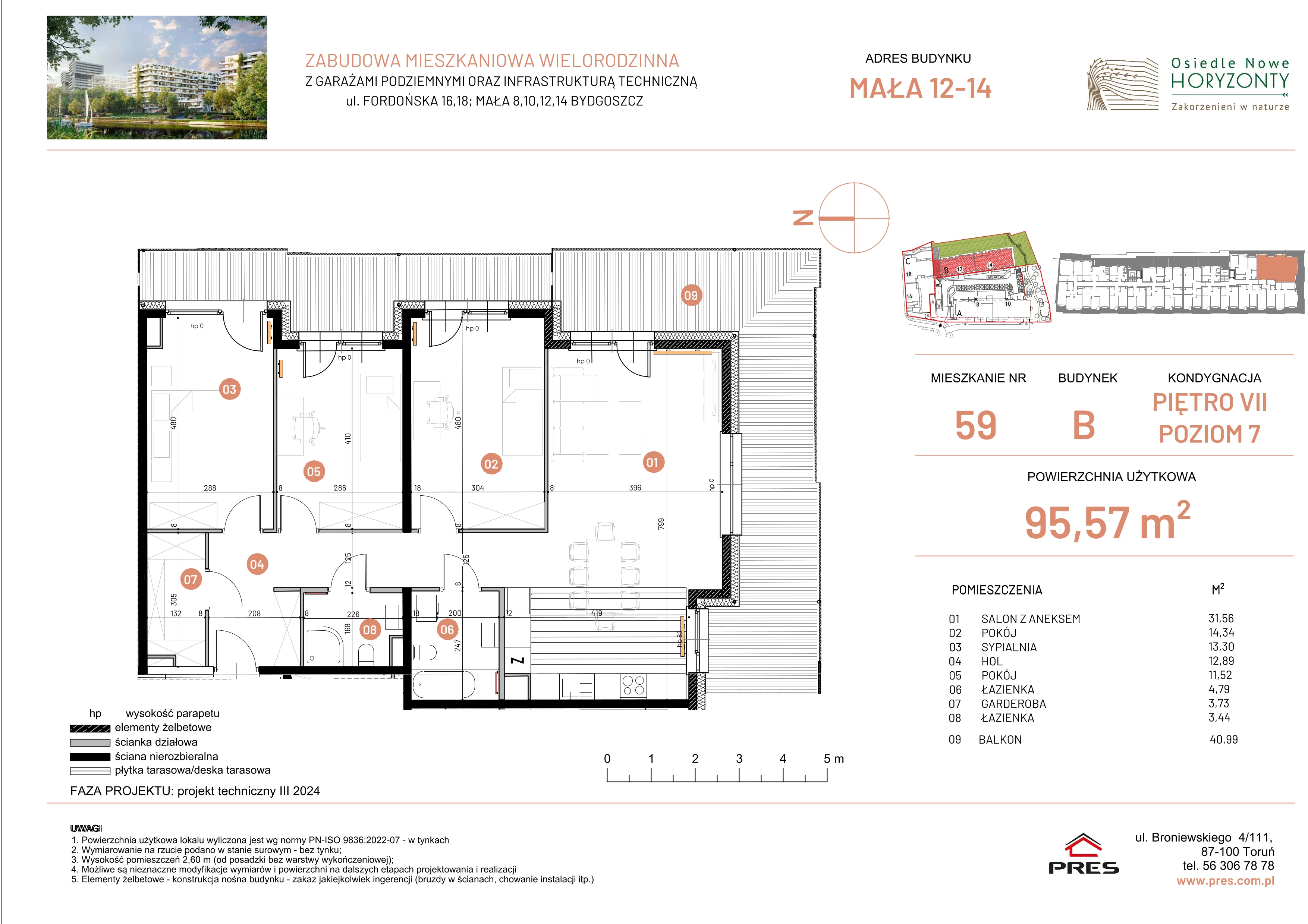 4 pokoje, mieszkanie 95,57 m², piętro 7, oferta nr ONH-B-KLM14-LM59, Osiedle Nowe Horyzonty - etap III, Bydgoszcz, Bartodzieje, ul. Mała 12-14