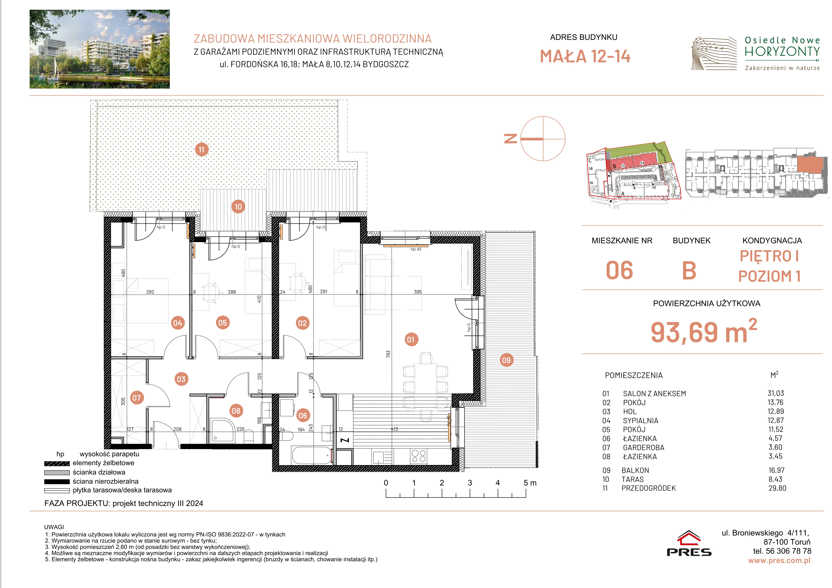 4 pokoje, mieszkanie 93,69 m², piętro 1, oferta nr ONH-B-KLM14-LM6, Osiedle Nowe Horyzonty - etap III, Bydgoszcz, Bartodzieje, ul. Mała 12-14