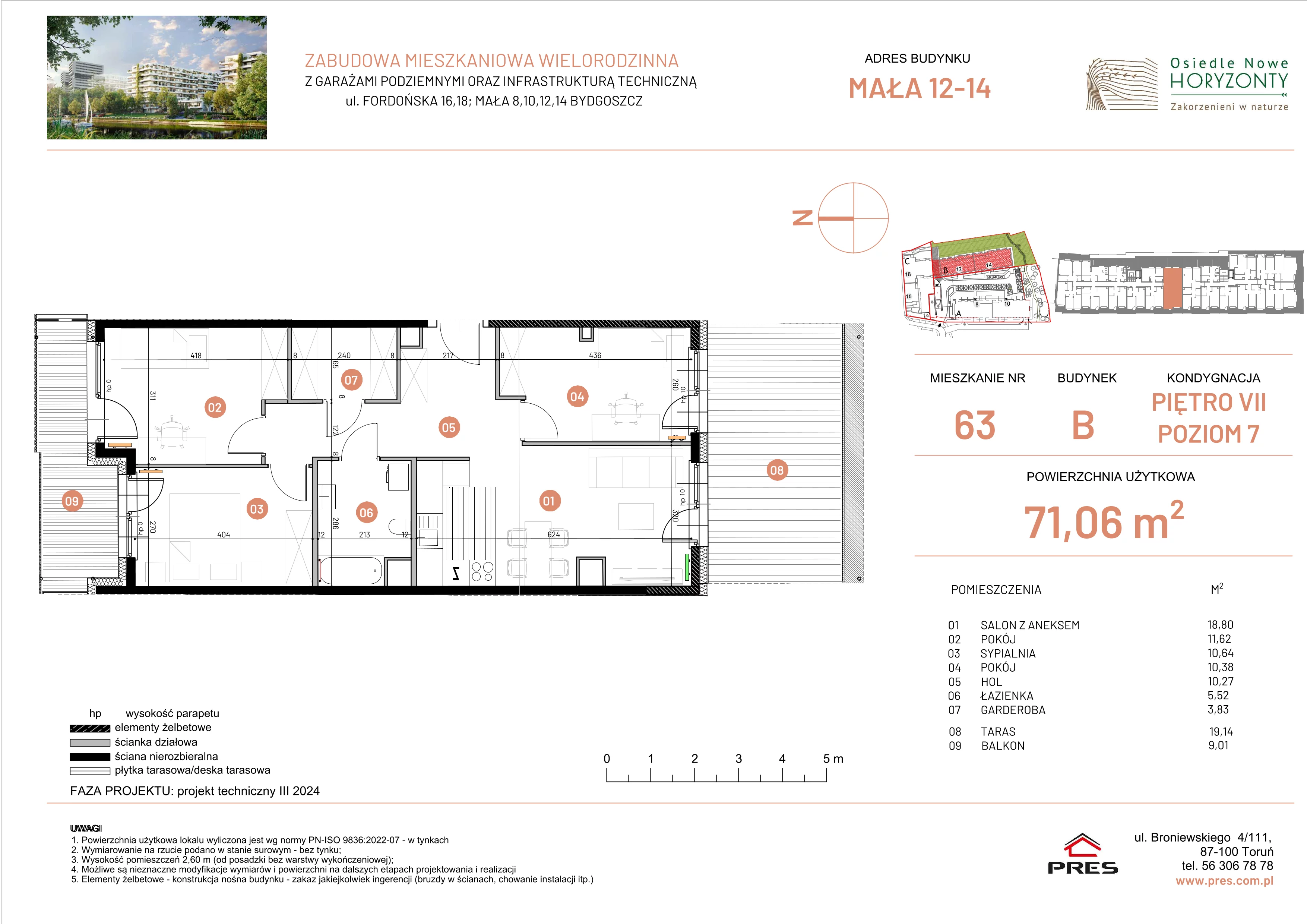 4 pokoje, mieszkanie 71,06 m², piętro 7, oferta nr ONH-B-KLM12-LM63, Osiedle Nowe Horyzonty - etap III, Bydgoszcz, Bartodzieje, ul. Mała 12-14