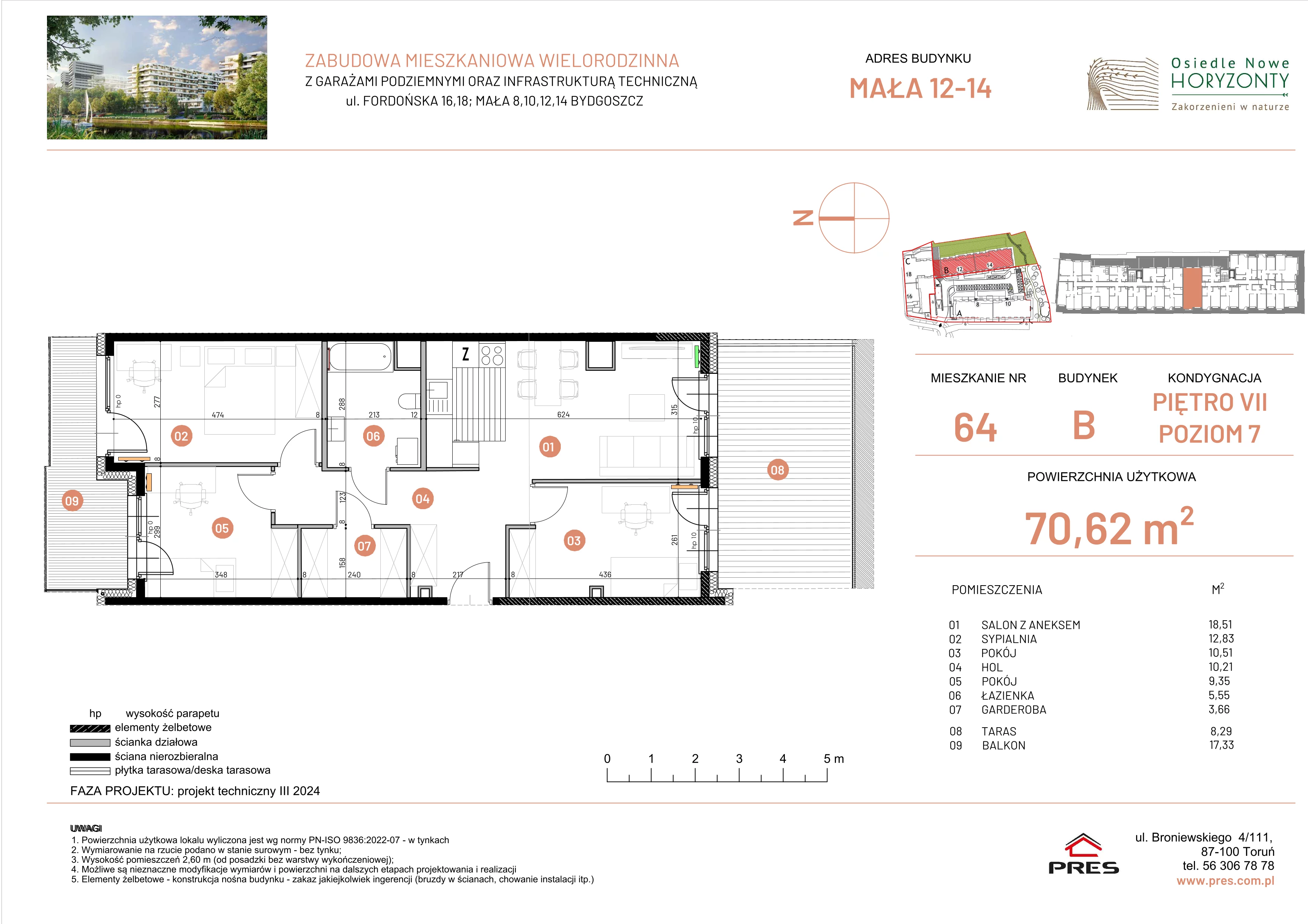 4 pokoje, mieszkanie 70,62 m², piętro 7, oferta nr ONH-B-KLM14-LM64, Osiedle Nowe Horyzonty - etap III, Bydgoszcz, Bartodzieje, ul. Mała 12-14