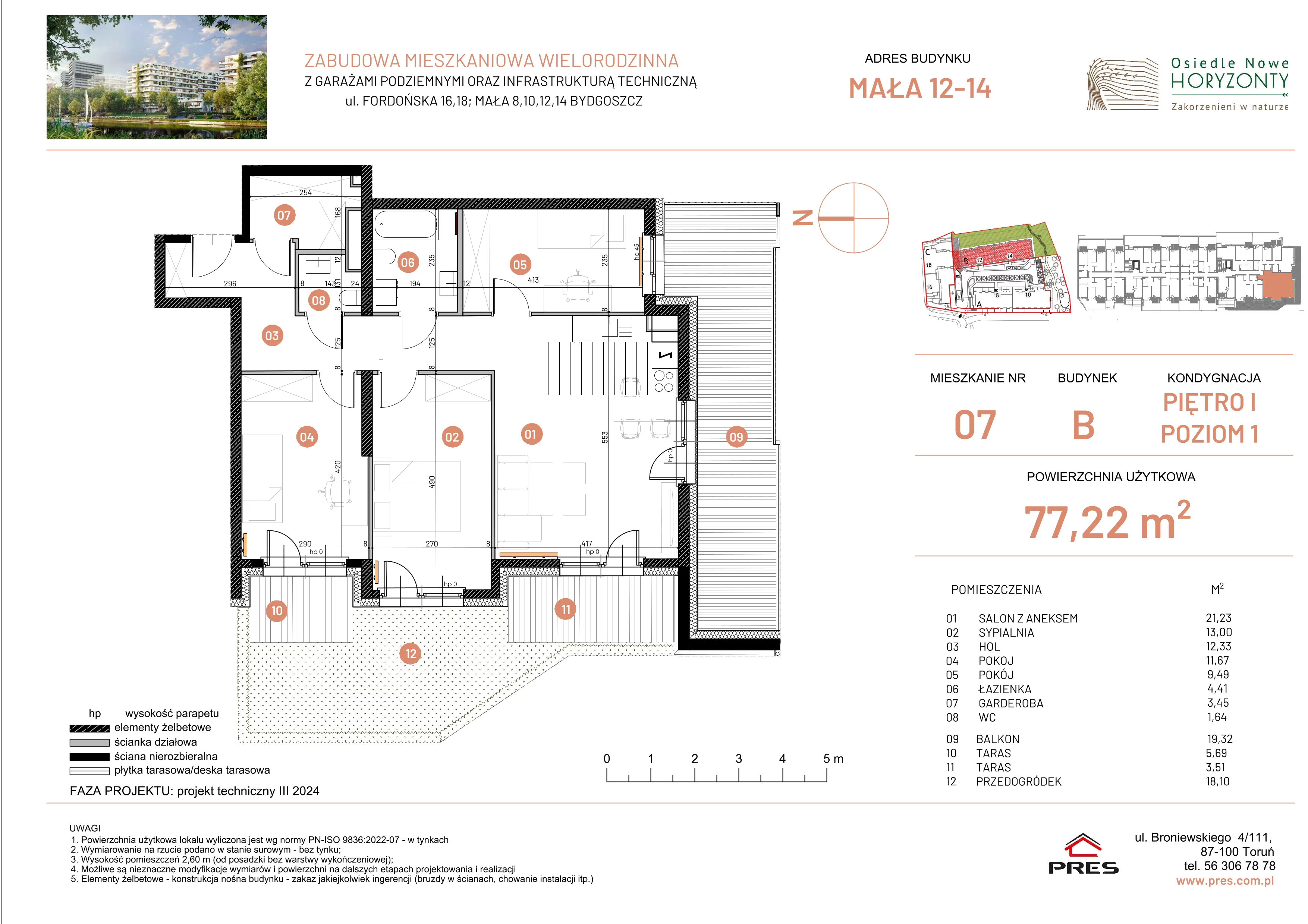 4 pokoje, mieszkanie 77,22 m², piętro 1, oferta nr ONH-B-KLM14-LM7, Osiedle Nowe Horyzonty - etap III, Bydgoszcz, Bartodzieje, ul. Mała 12-14