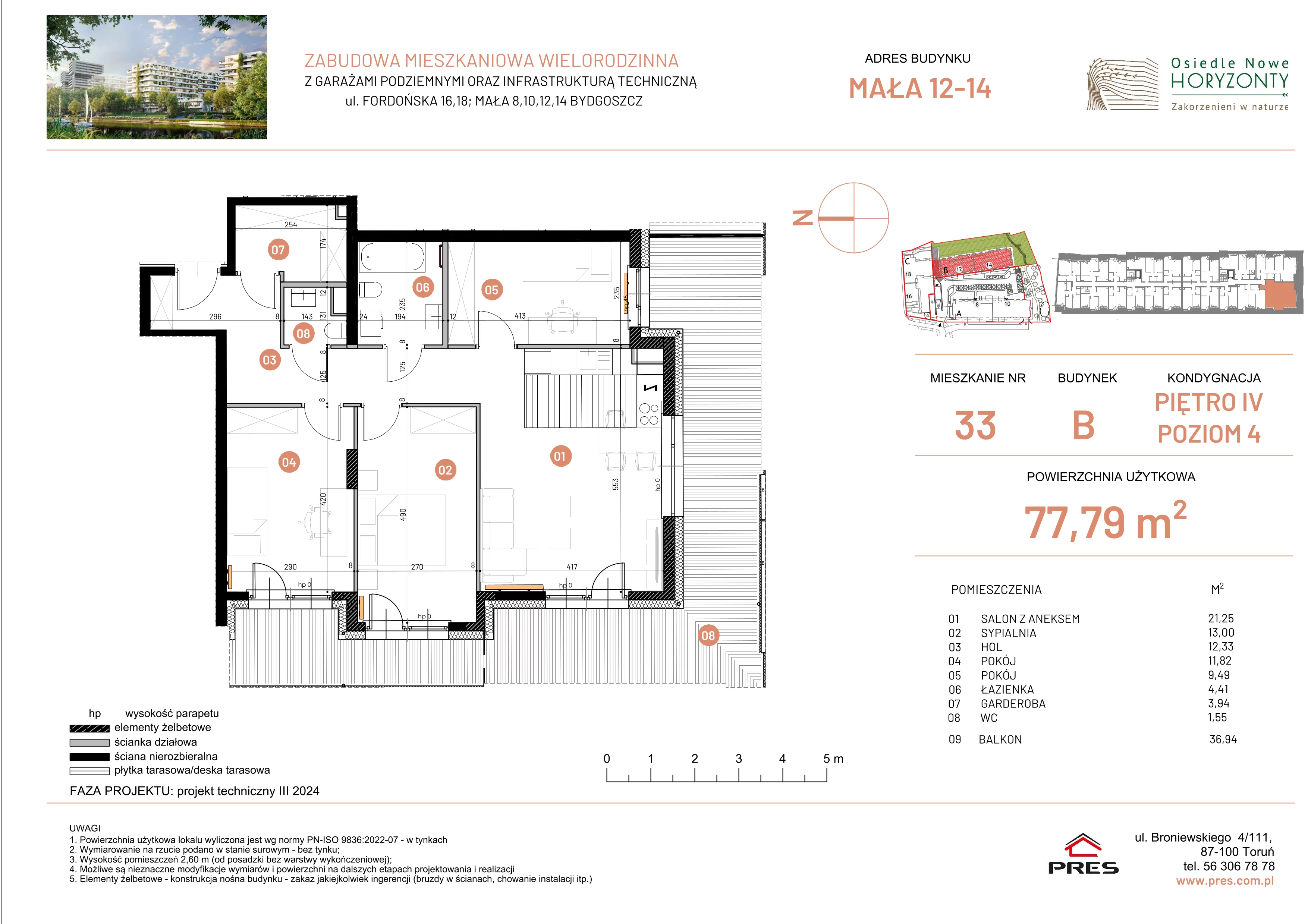 4 pokoje, apartament 77,79 m², piętro 4, oferta nr ONH-B-KLM14-LM33, Osiedle Nowe Horyzonty - etap III, Bydgoszcz, Bartodzieje, ul. Mała 12-14