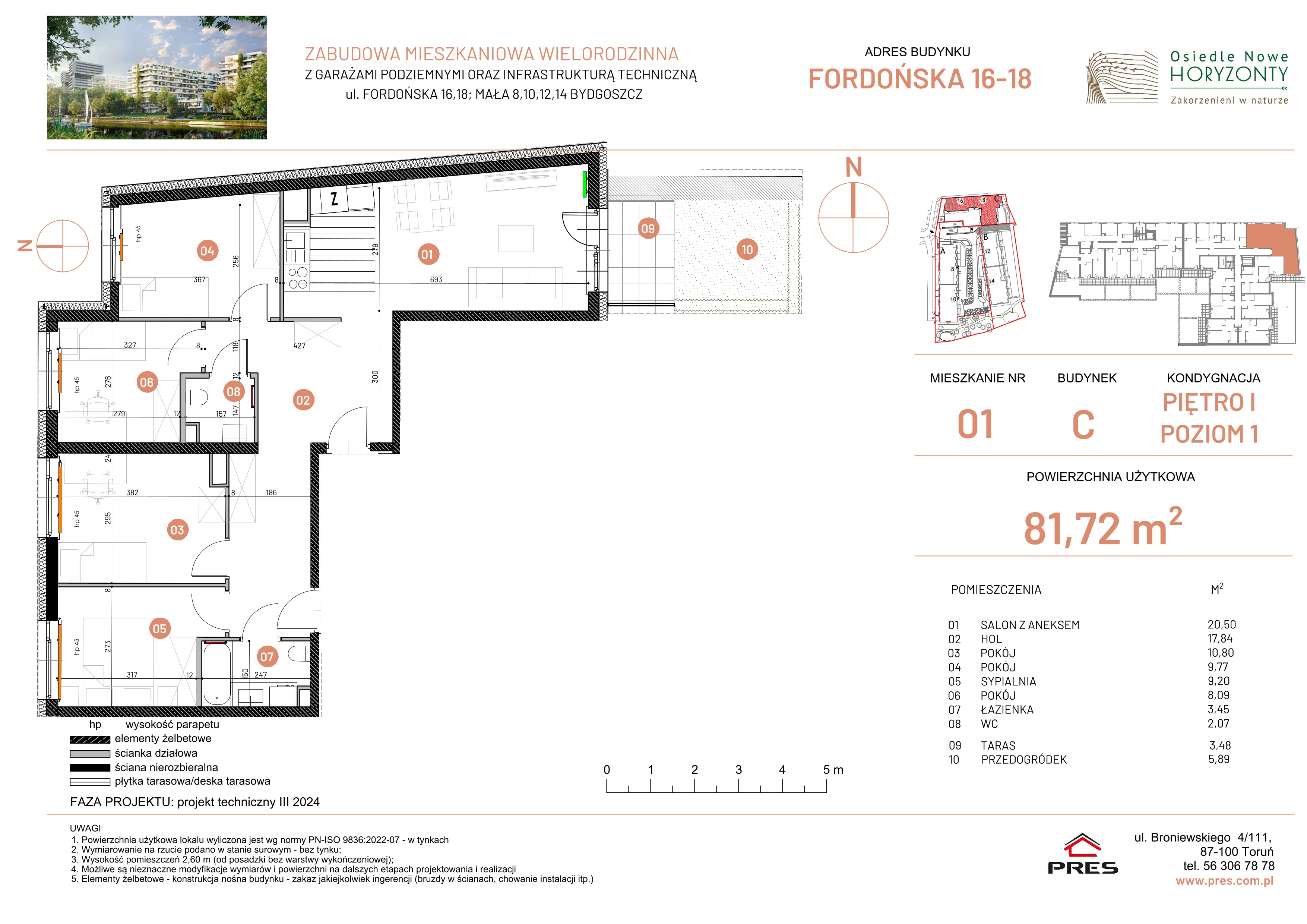 5 pokoi, mieszkanie 81,72 m², piętro 1, oferta nr ONH-C-KLF18-LM1, Osiedle Nowe Horyzonty - etap II, Bydgoszcz, Bartodzieje, ul. Fordońska 16-18