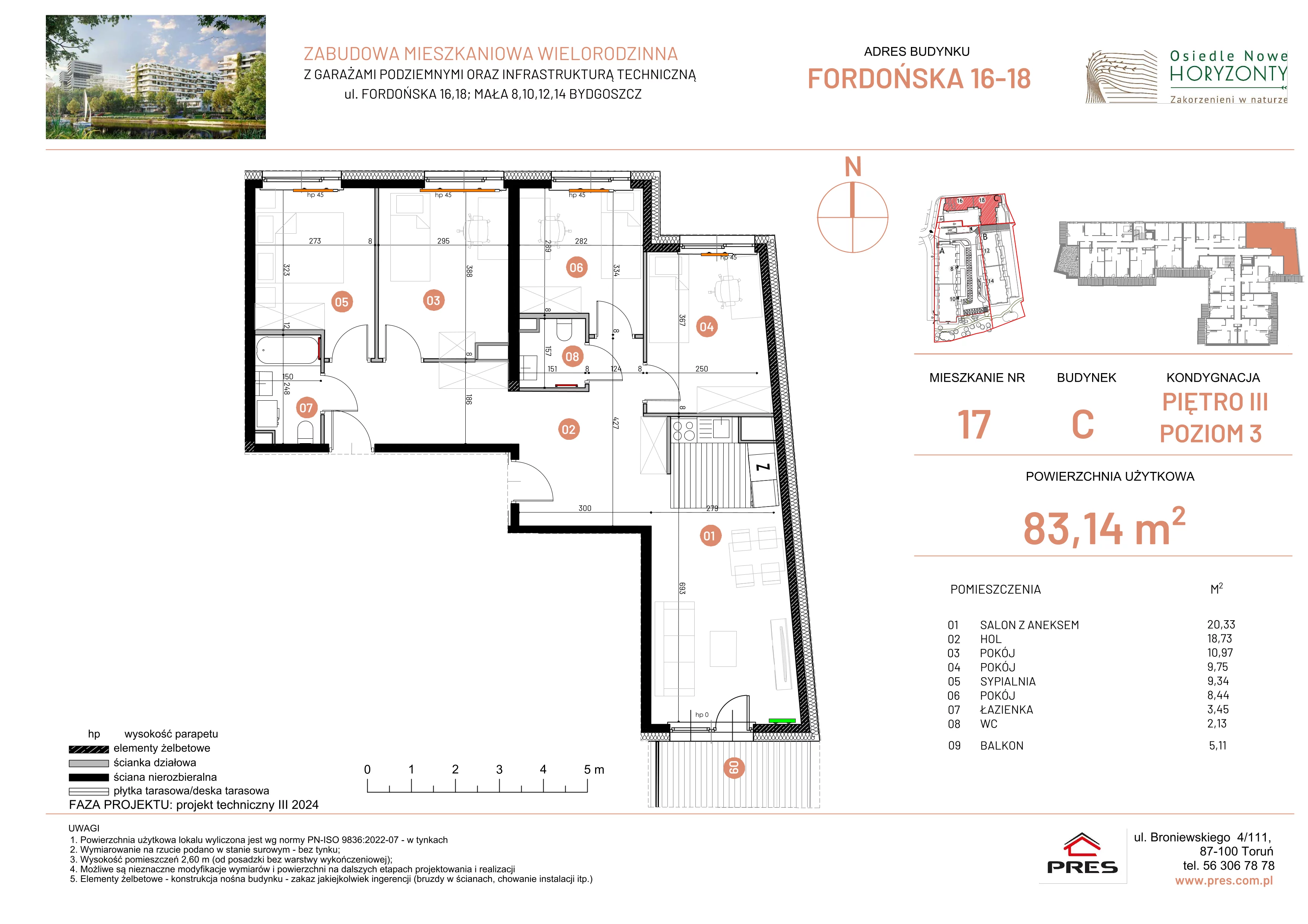 5 pokoi, mieszkanie 83,14 m², piętro 3, oferta nr ONH-C-KLF18-LM17, Osiedle Nowe Horyzonty - etap II, Bydgoszcz, Bartodzieje, ul. Fordońska 16-18