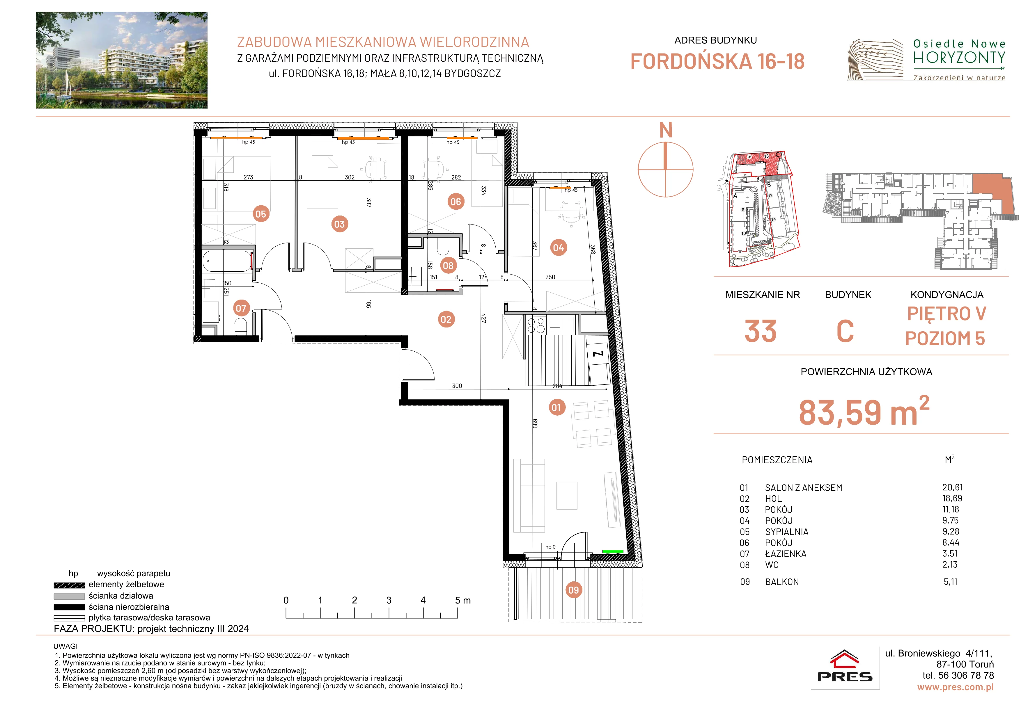 5 pokoi, mieszkanie 83,59 m², piętro 5, oferta nr ONH-C-KLF18-LM33, Osiedle Nowe Horyzonty - etap II, Bydgoszcz, Bartodzieje, ul. Fordońska 16-18