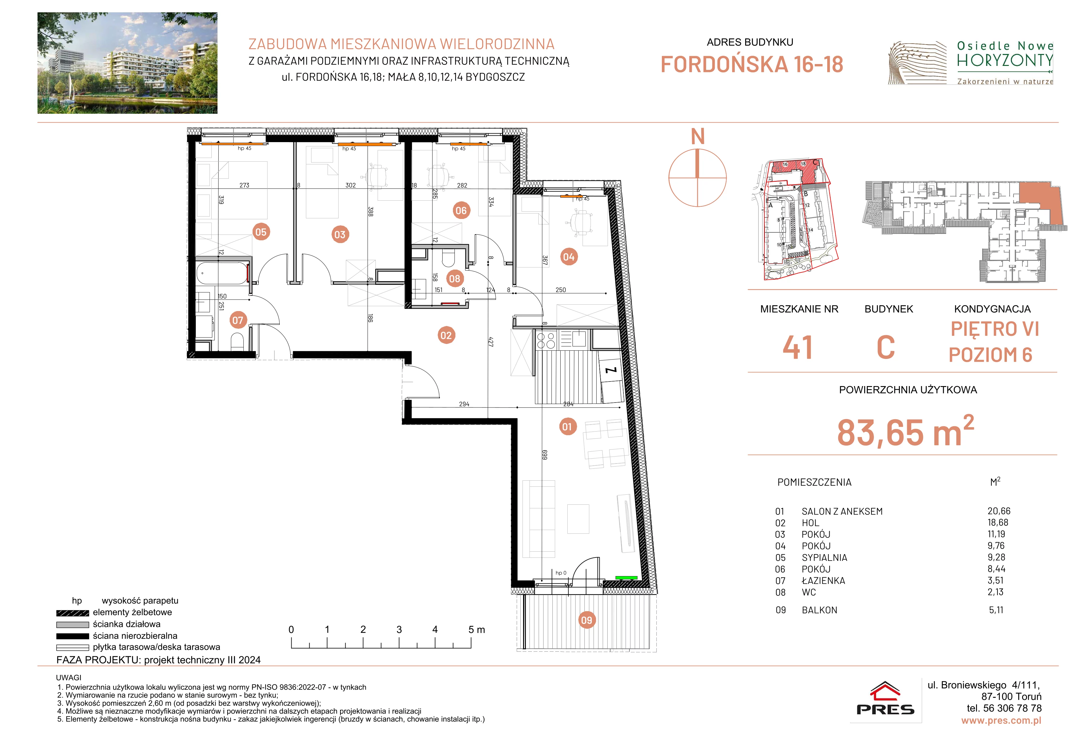 5 pokoi, mieszkanie 83,65 m², piętro 6, oferta nr ONH-C-KLF18-LM41, Osiedle Nowe Horyzonty - etap II, Bydgoszcz, Bartodzieje, ul. Fordońska 16-18