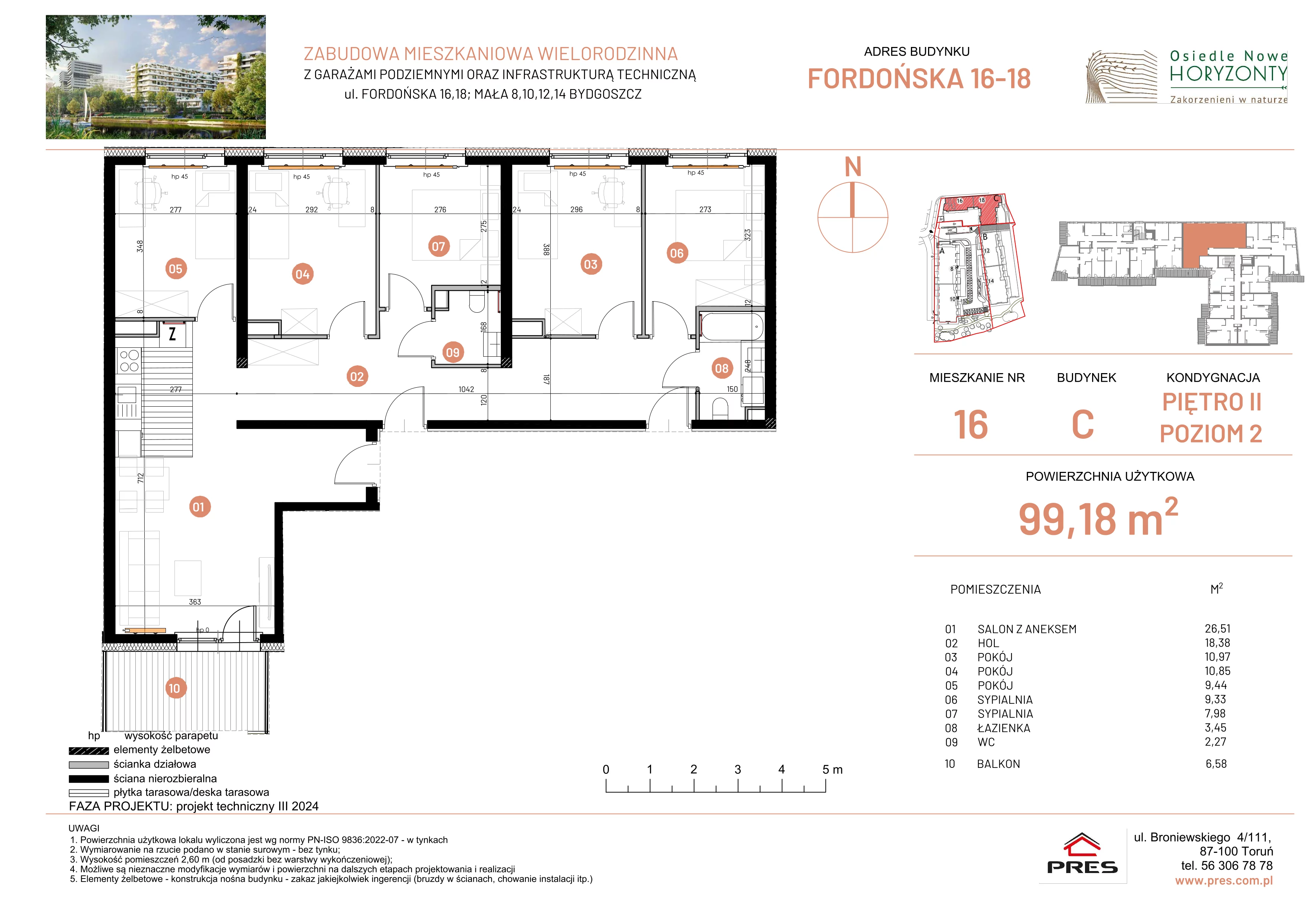 6 pokoi, mieszkanie 99,18 m², piętro 2, oferta nr ONH-C-KLF18-LM16, Osiedle Nowe Horyzonty - etap II, Bydgoszcz, Bartodzieje, ul. Fordońska 16-18