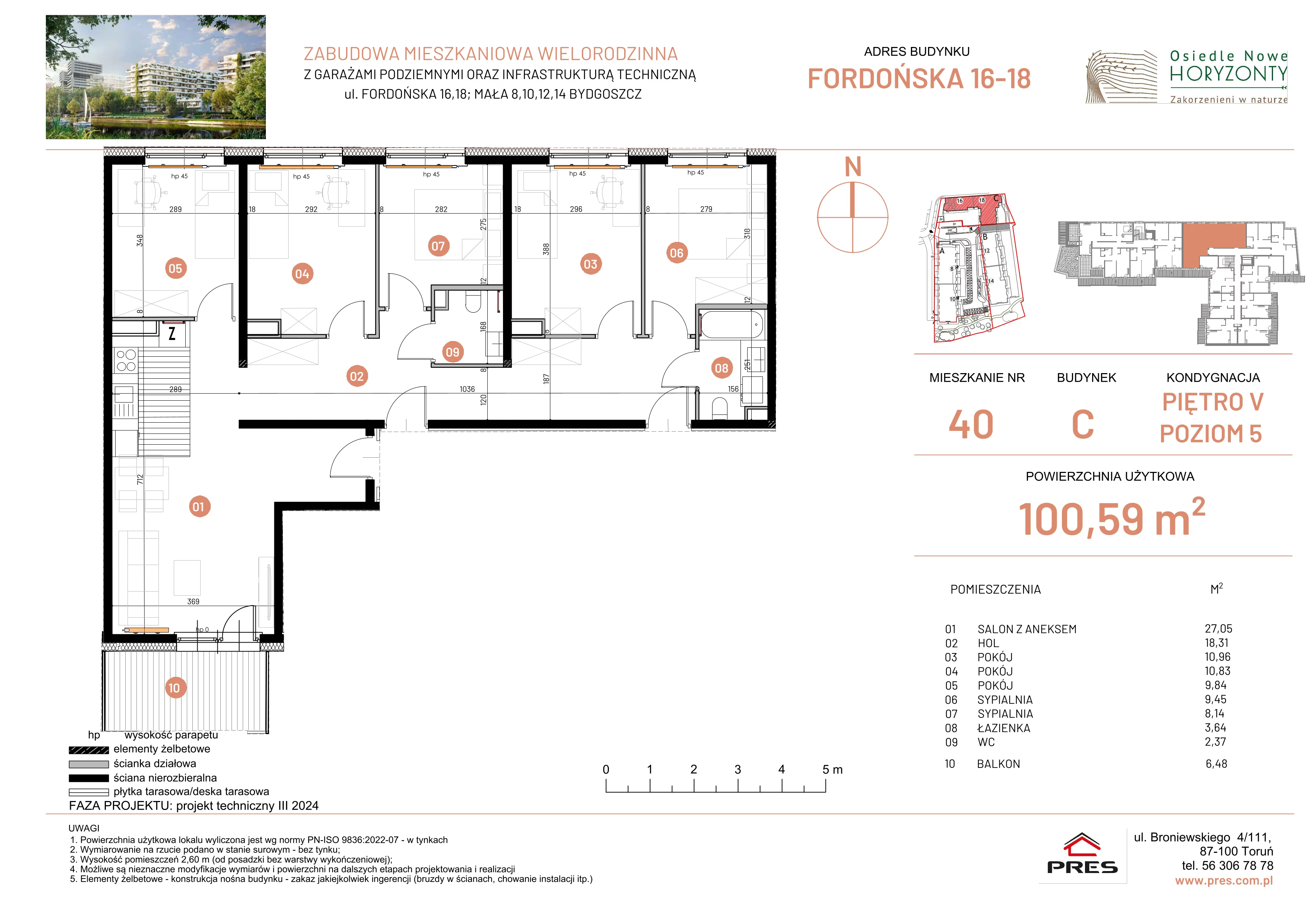 6 pokoi, mieszkanie 100,59 m², piętro 5, oferta nr ONH-C-KLF18-LM40, Osiedle Nowe Horyzonty - etap II, Bydgoszcz, Bartodzieje, ul. Fordońska 16-18