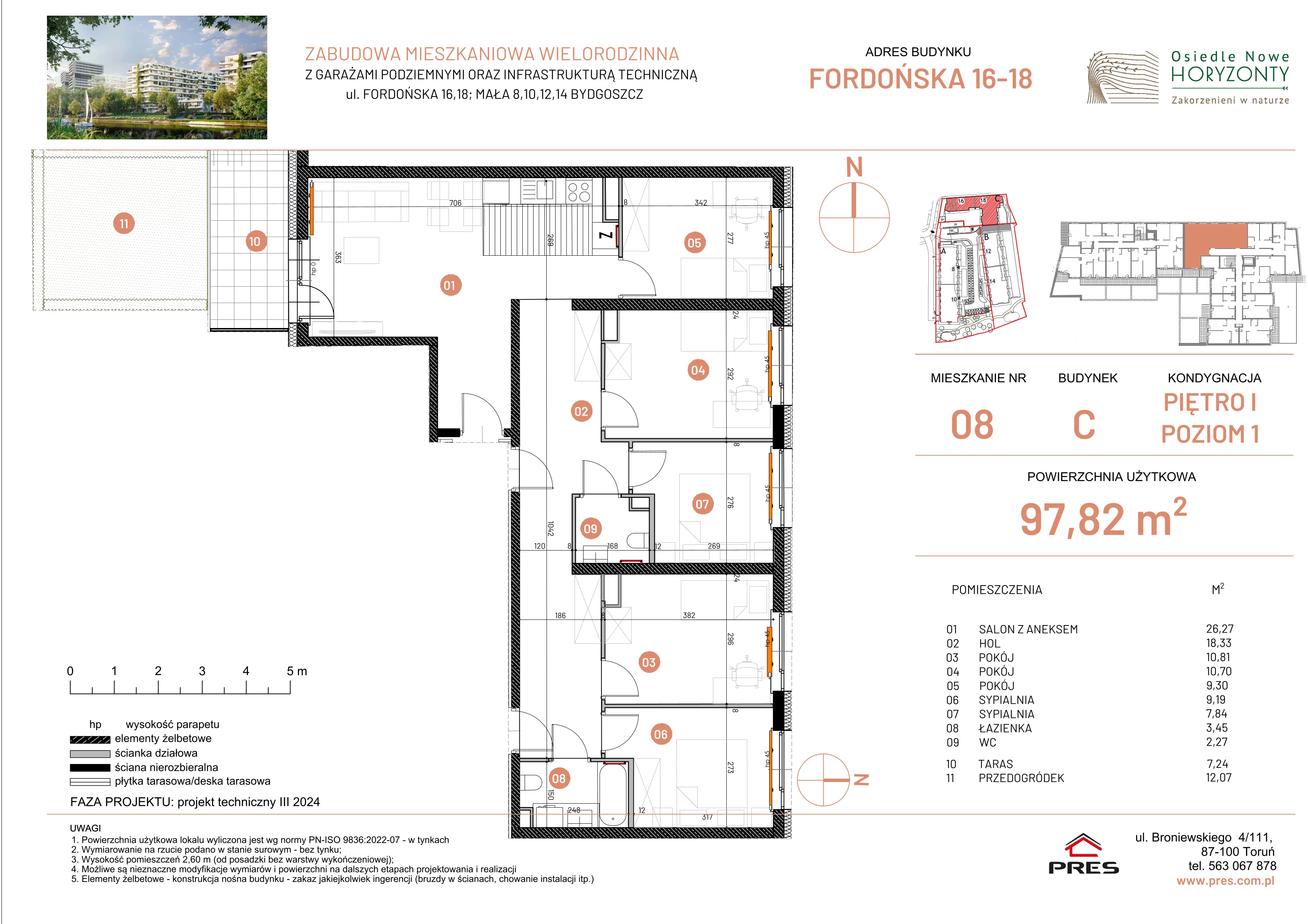 6 pokoi, mieszkanie 97,82 m², piętro 1, oferta nr ONH-C-KLF18-LM8, Osiedle Nowe Horyzonty - etap II, Bydgoszcz, Bartodzieje, ul. Fordońska 16-18