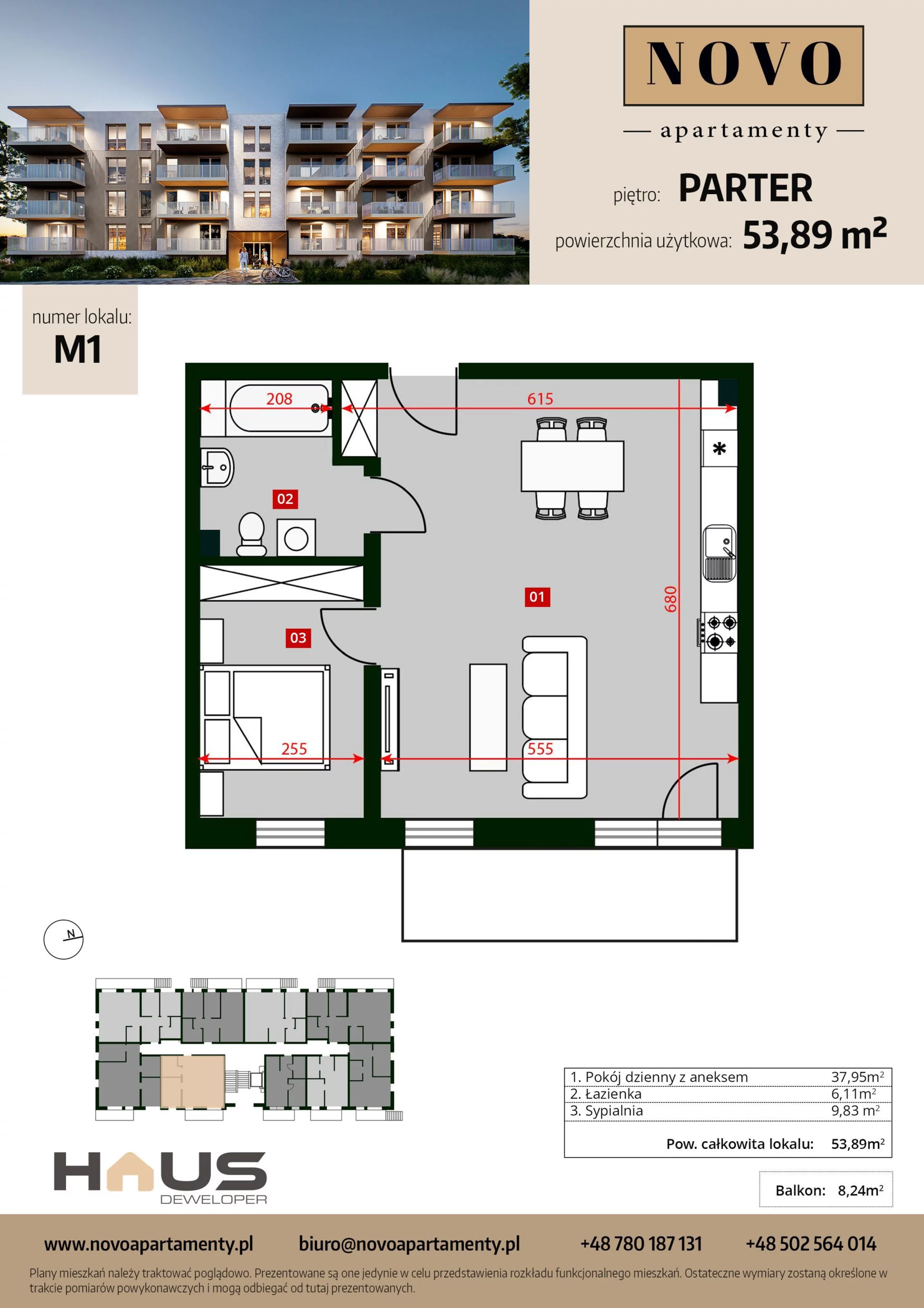 Mieszkanie 53,89 m², parter, oferta nr M1, Apartamenty NOVO, Nysa, ul. Franciszkańska