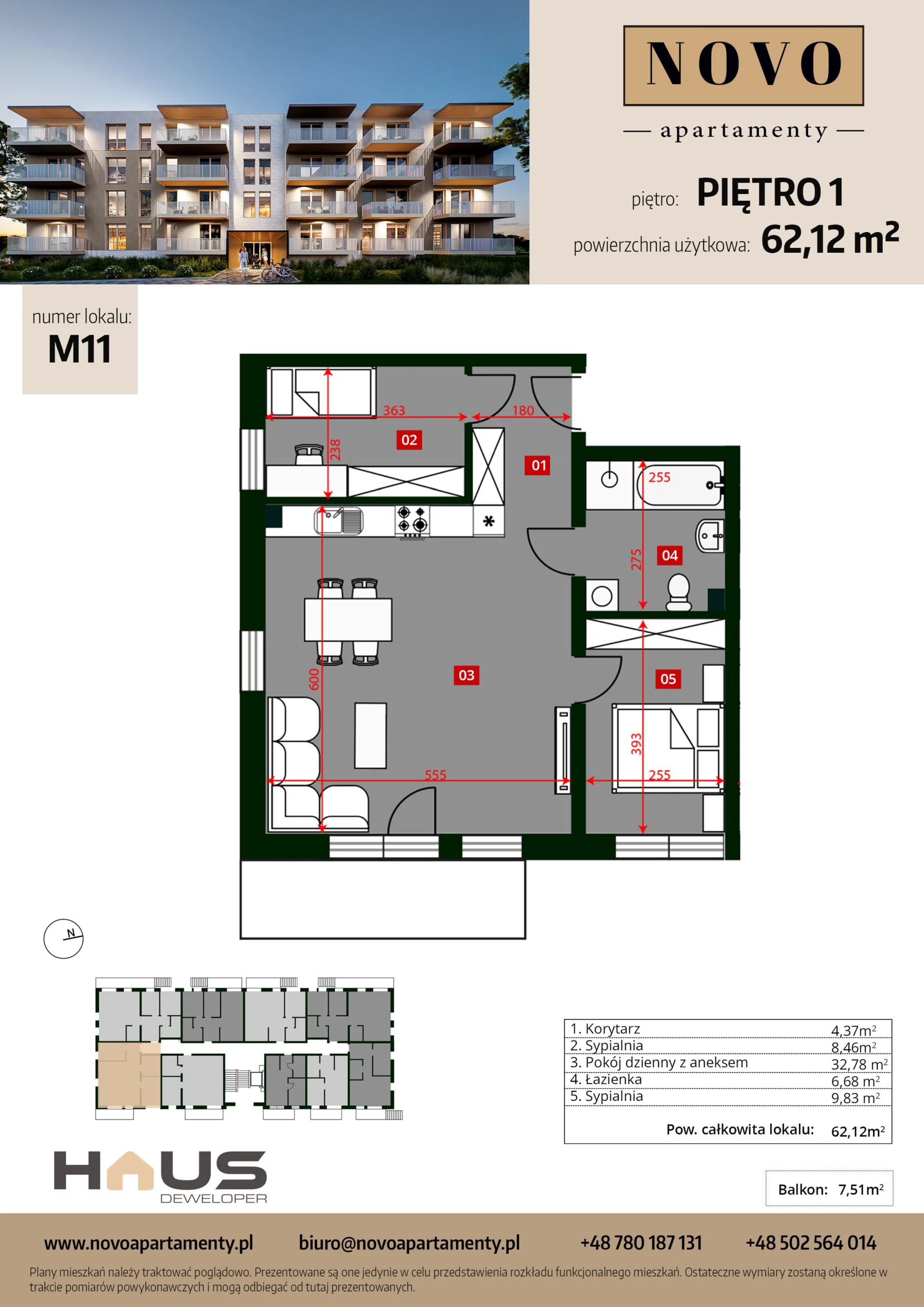 Mieszkanie 62,12 m², piętro 1, oferta nr M11, Apartamenty NOVO, Nysa, ul. Franciszkańska