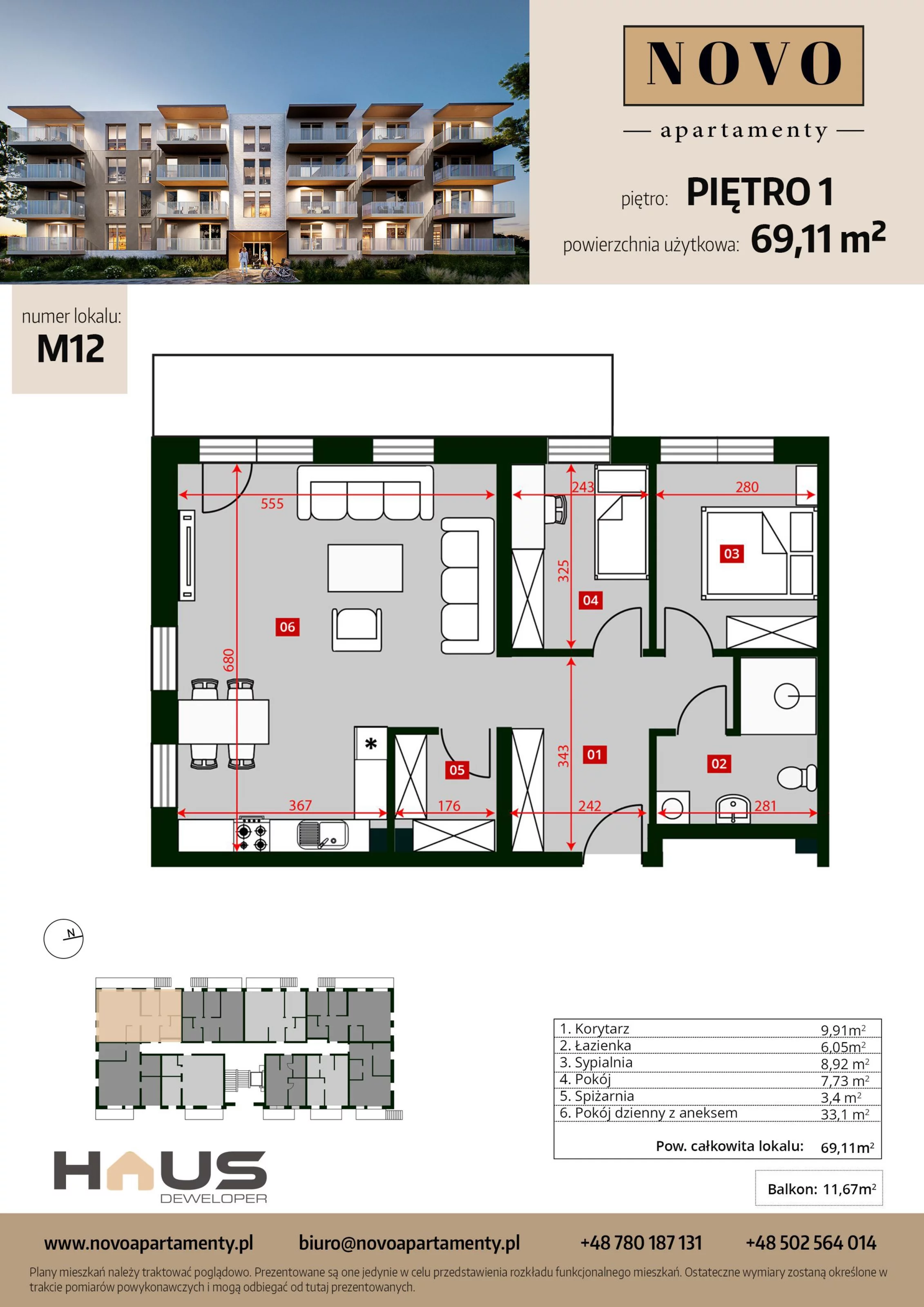 Mieszkanie 69,11 m², piętro 1, oferta nr M12, Apartamenty NOVO, Nysa, ul. Franciszkańska