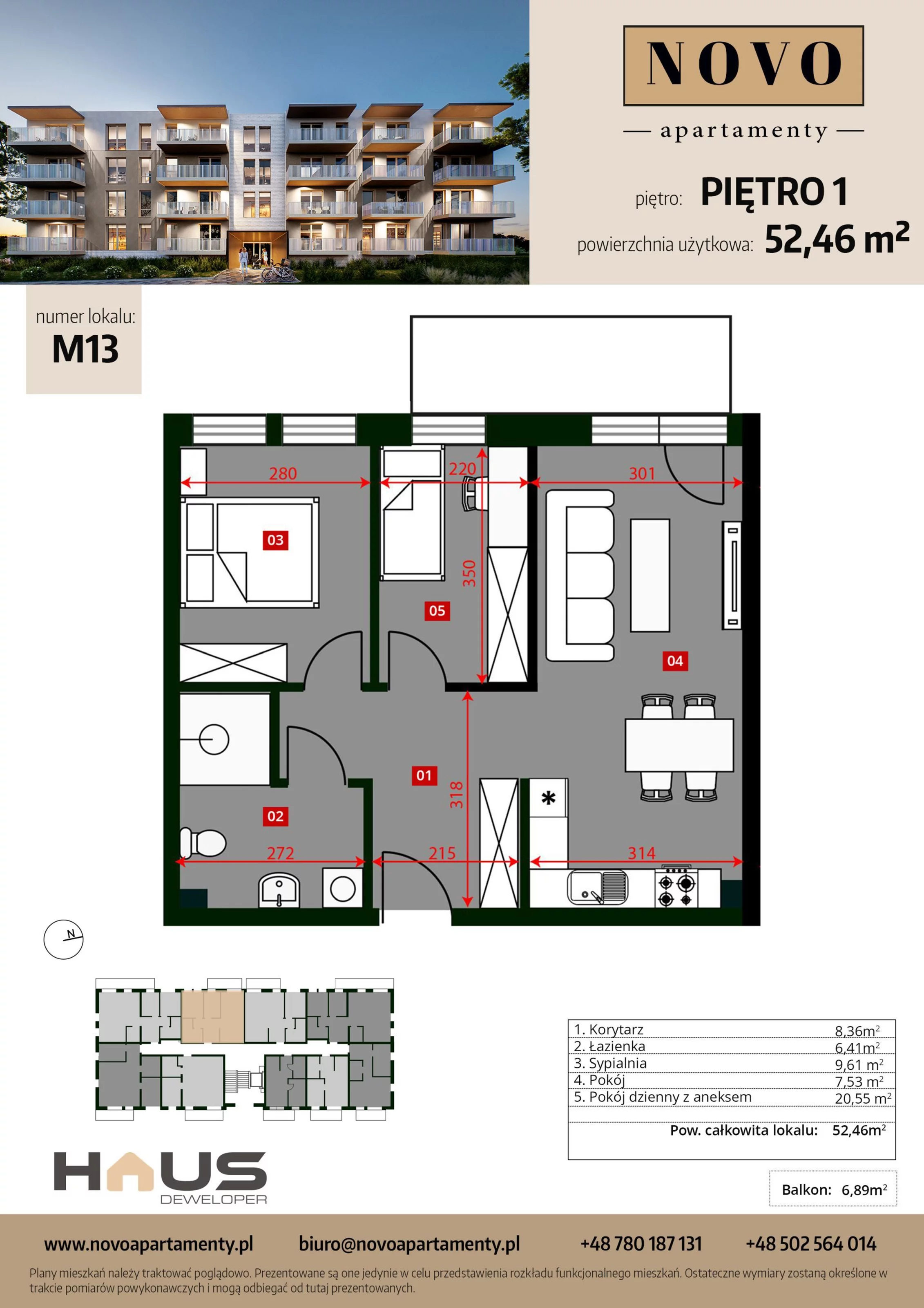 Mieszkanie 52,46 m², piętro 1, oferta nr M13, Apartamenty NOVO, Nysa, ul. Franciszkańska