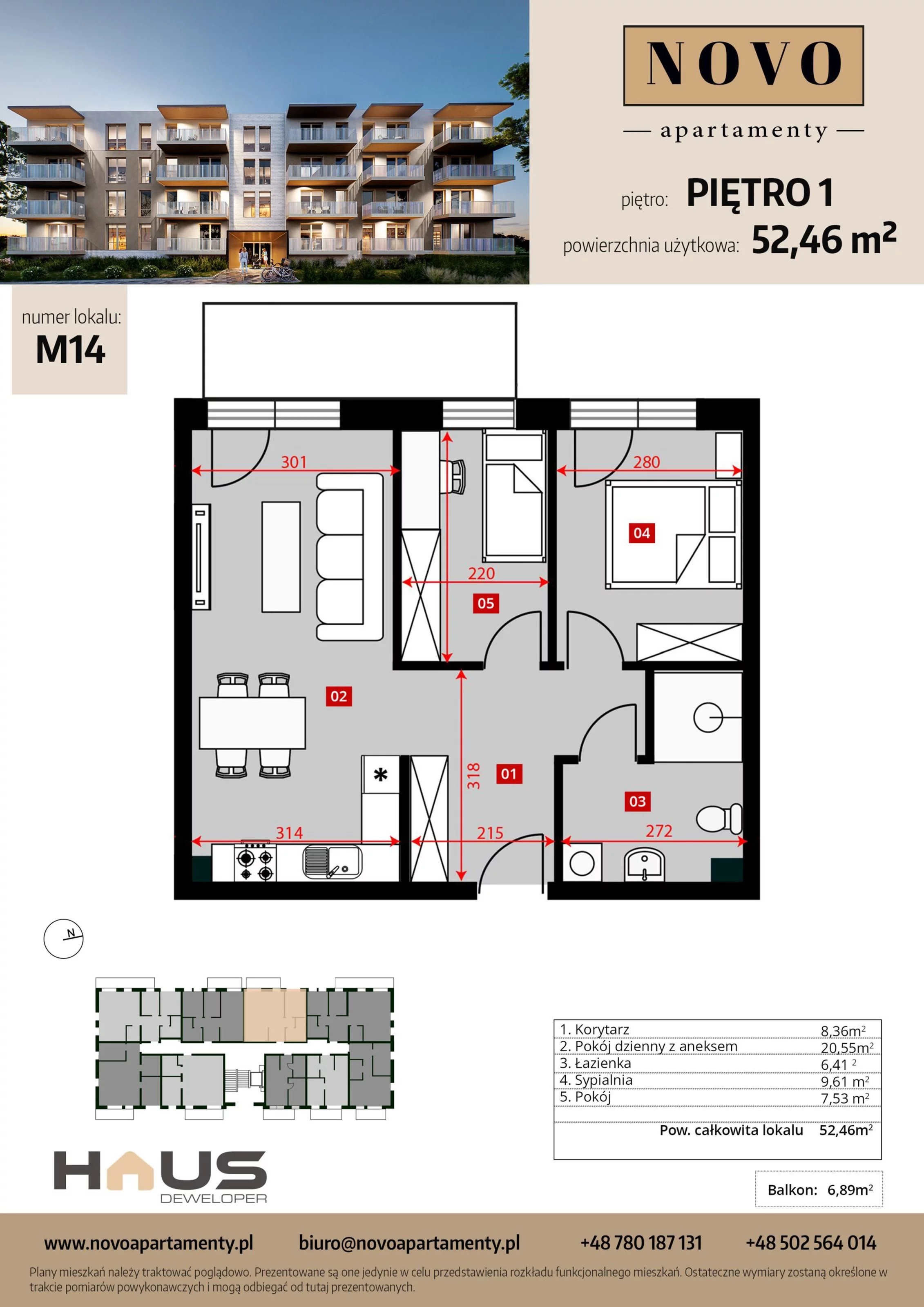 Mieszkanie 52,46 m², piętro 1, oferta nr M14, Apartamenty NOVO, Nysa, ul. Franciszkańska